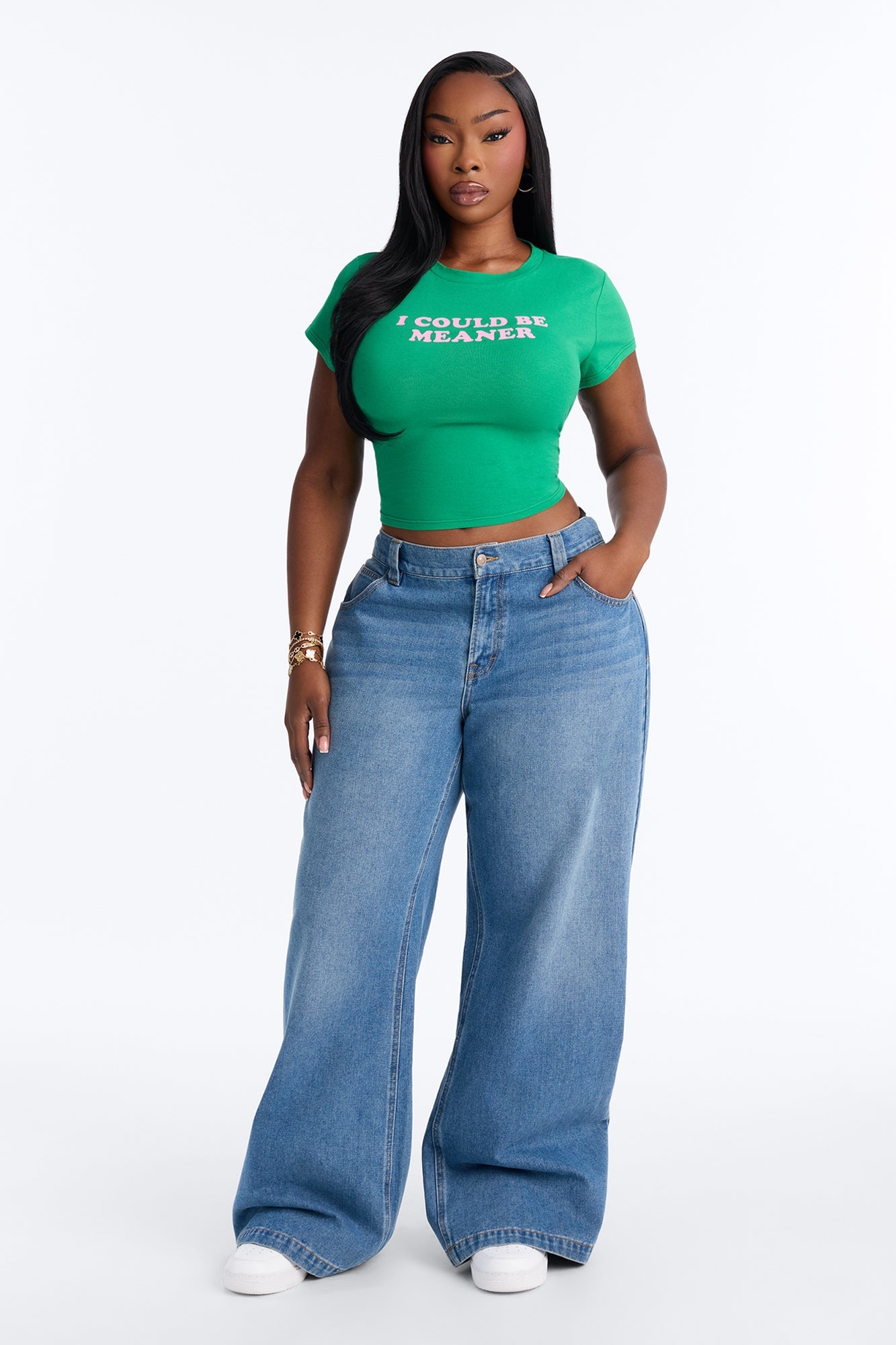 I Could Be Meaner Cropped Baby Tee - Green/combo alternate