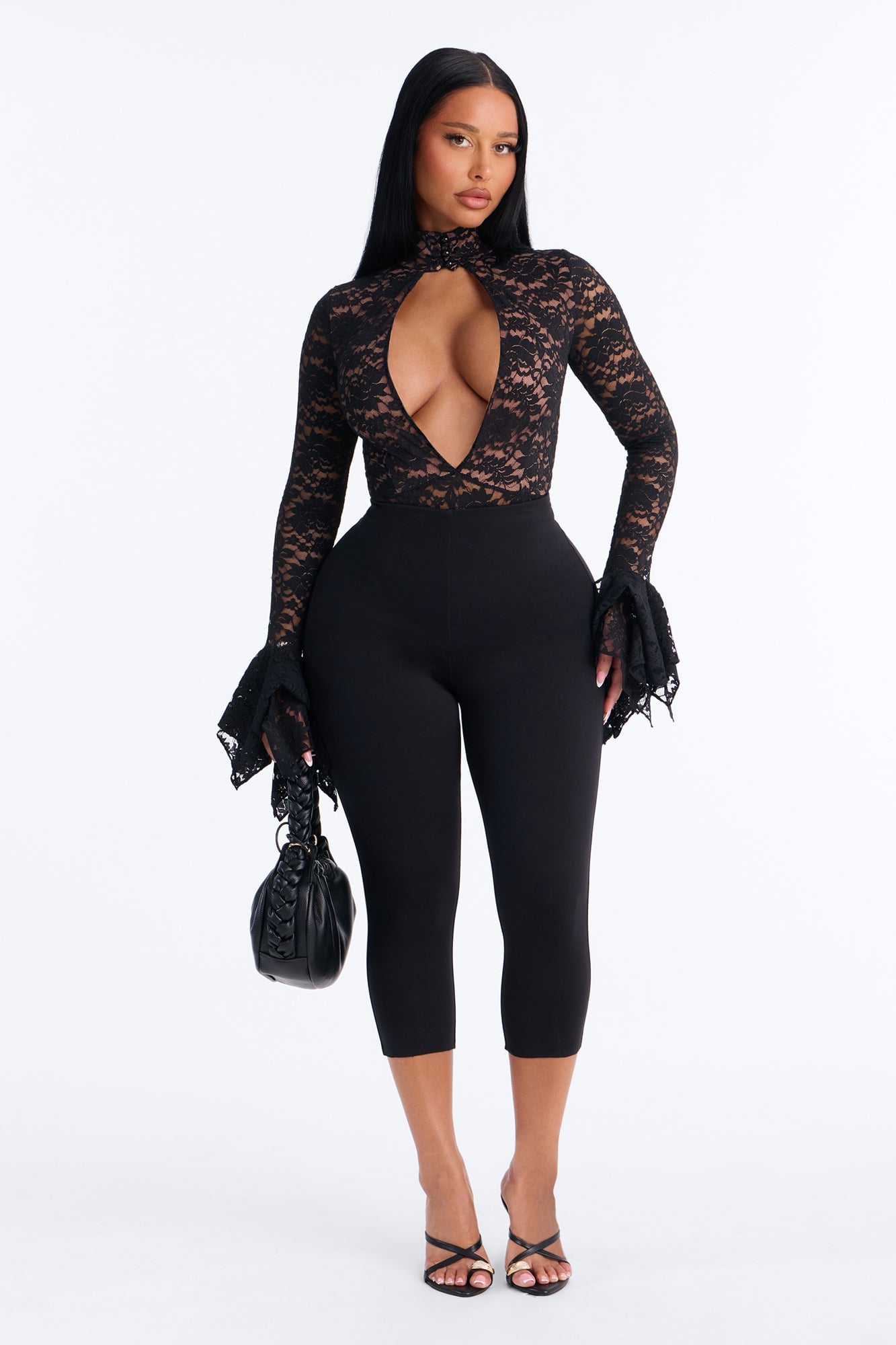 Katherine Cut Out Lace Bell Sleeve Bodysuit - Black image 6