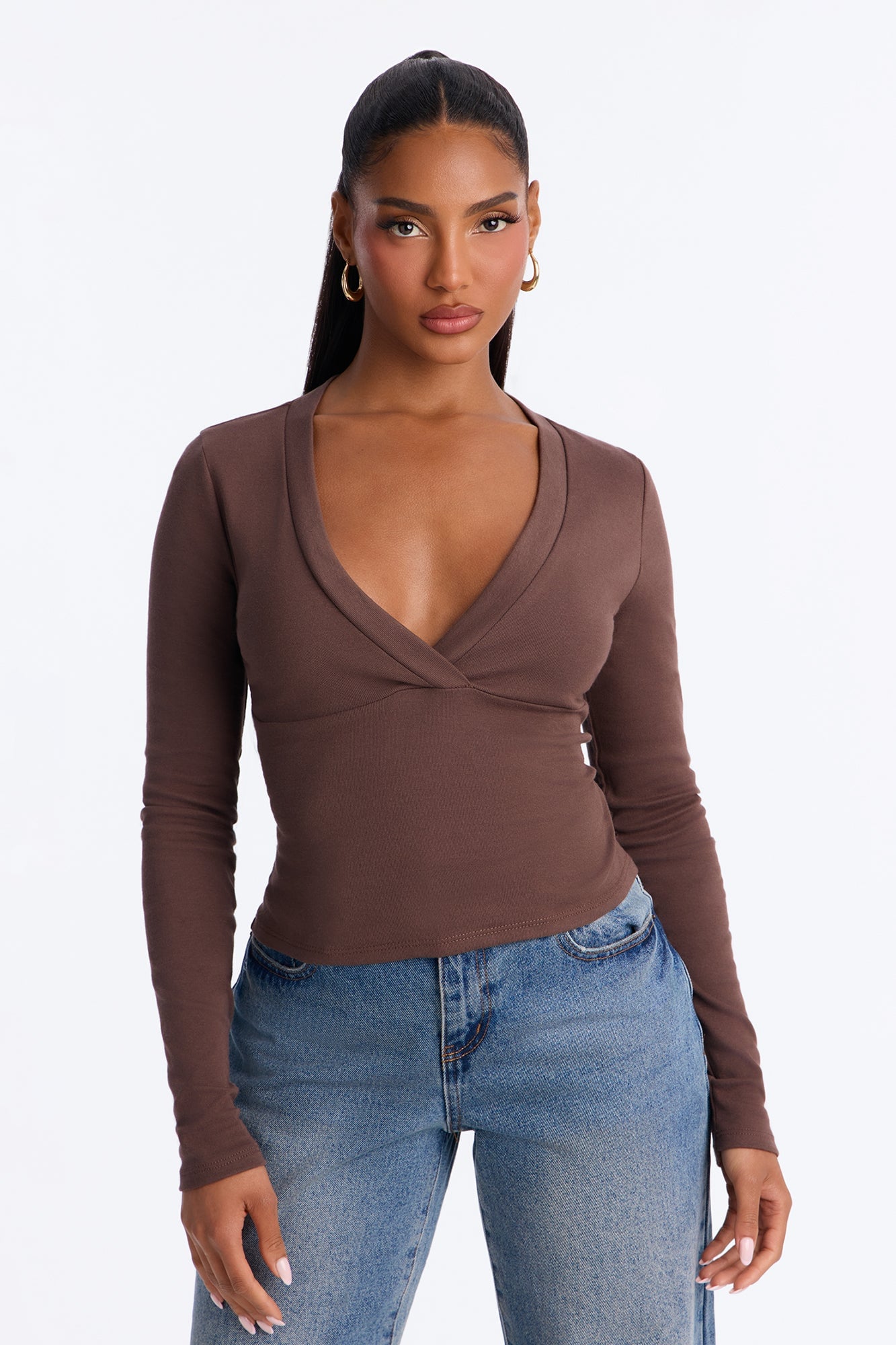 Kate Long Sleeve V-Neck Top - Chocolate image 5