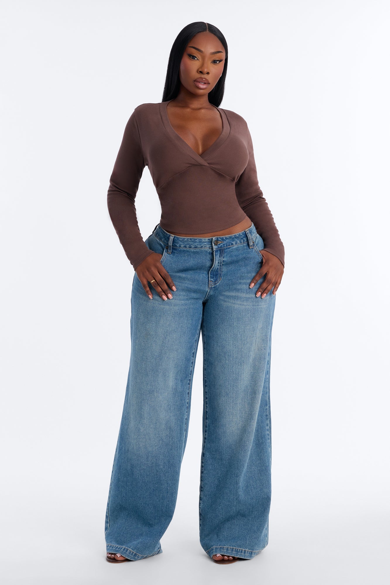 Kate Long Sleeve V-Neck Top - Chocolate image 2