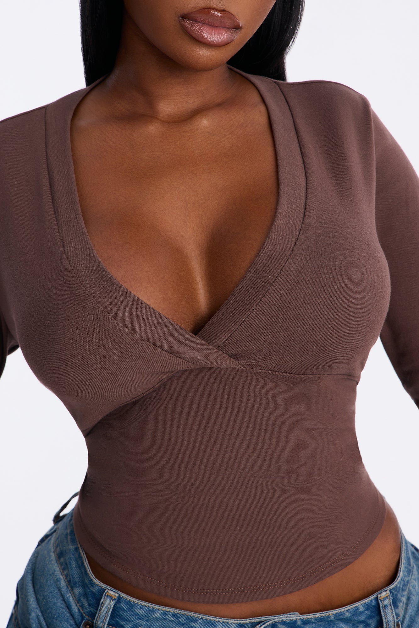 Kate Long Sleeve V-Neck Top - Chocolate image 4