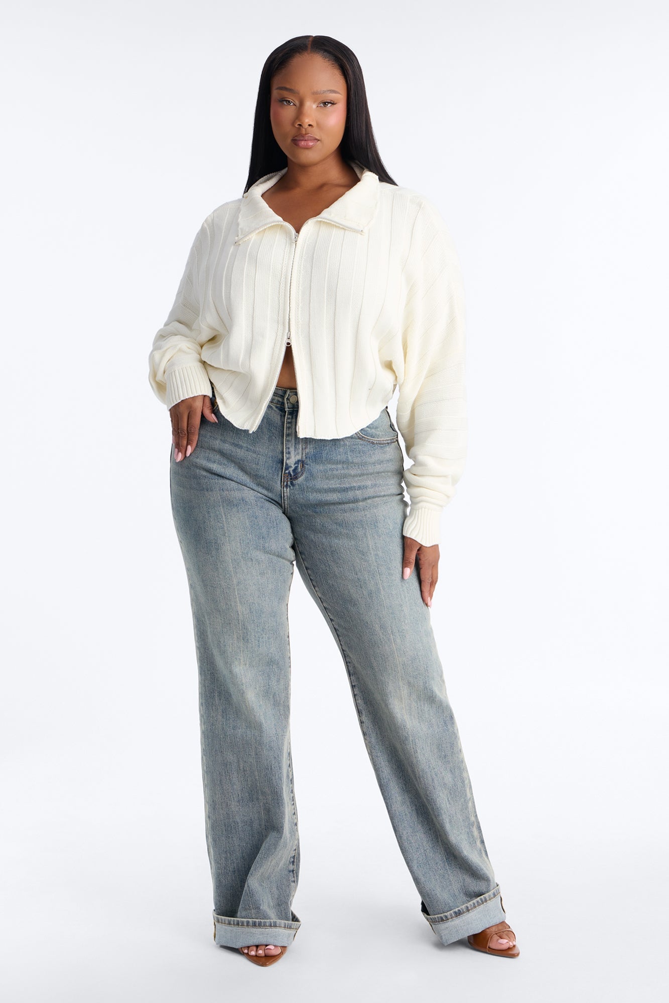 Cozy Girl Zip Front Cropped Cardigan Sweater - White image 1