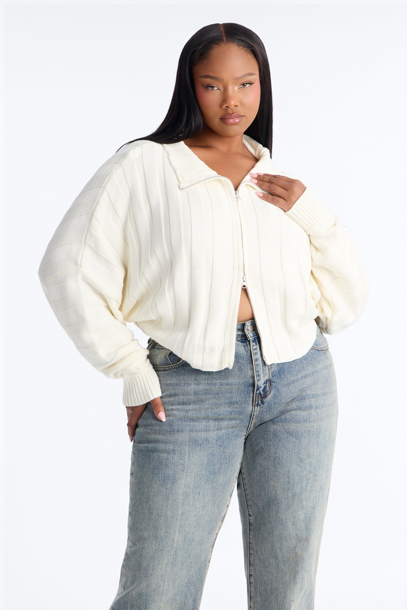 Cozy Girl Zip Front Cropped Cardigan Sweater - White image 2