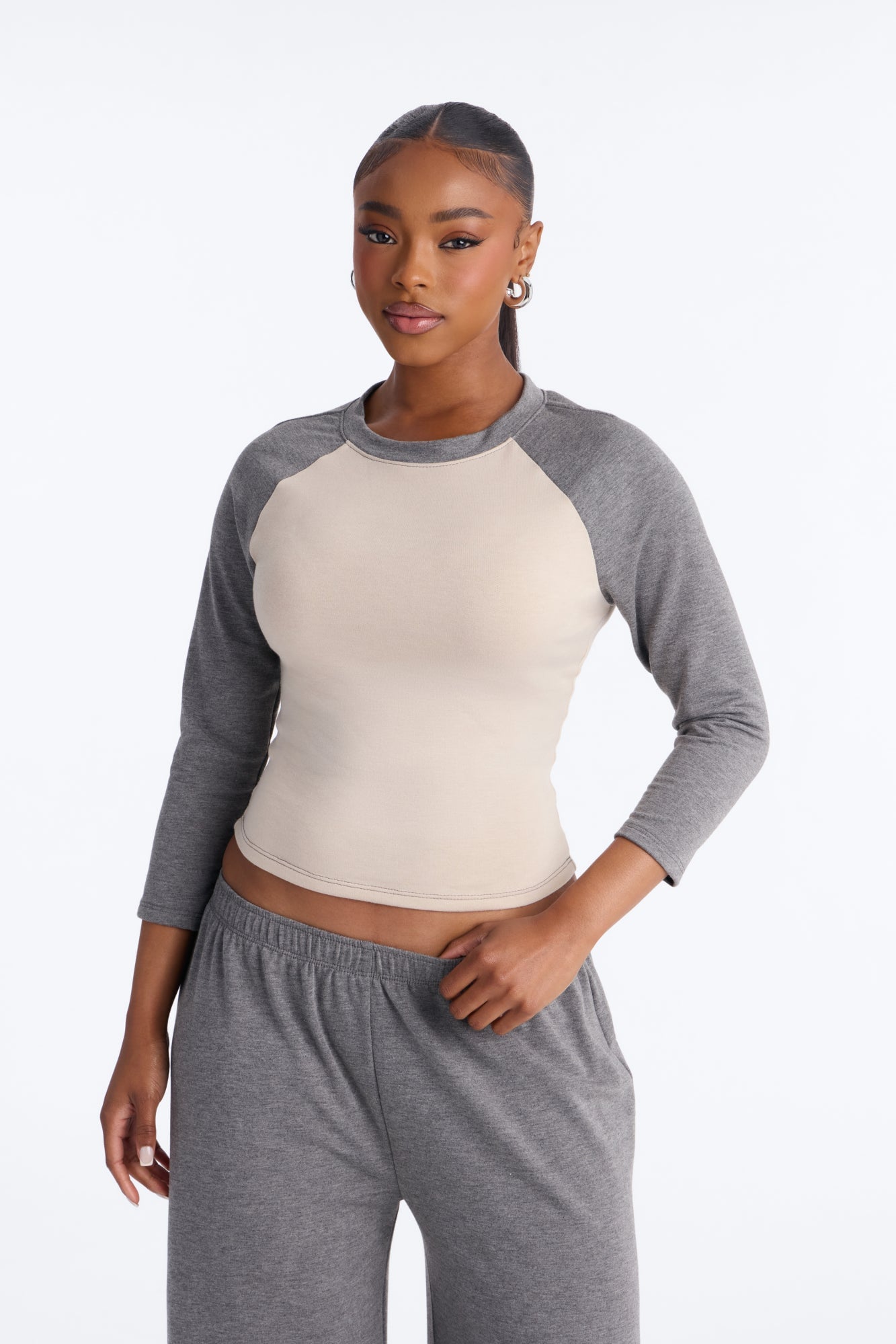 Raya 3/4 Sleeve Raglan Wide Leg Pant Set - Charcoal/combo image 6