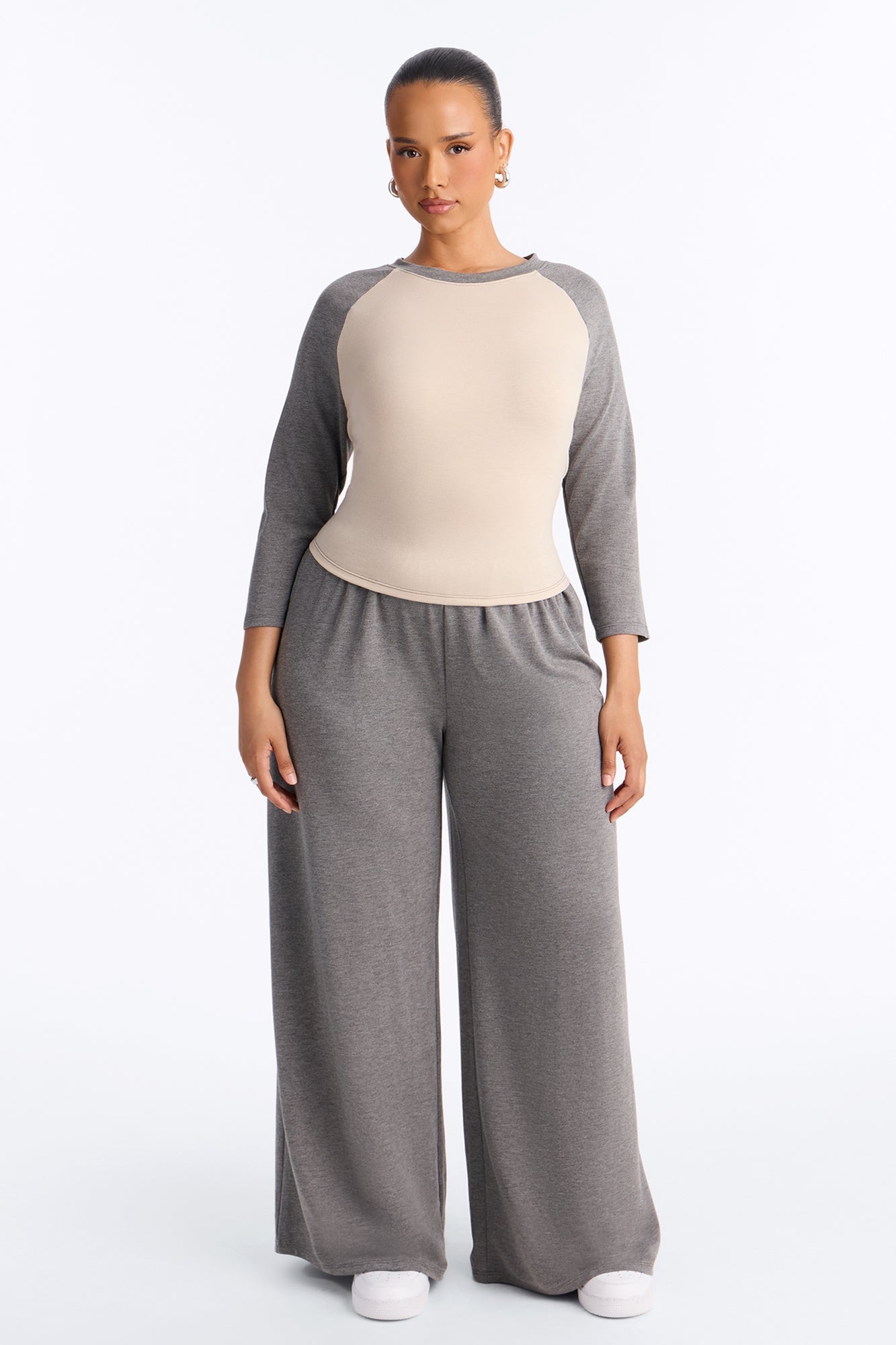 Raya 3/4 Sleeve Raglan Wide Leg Pant Set - Charcoal/combo image 1