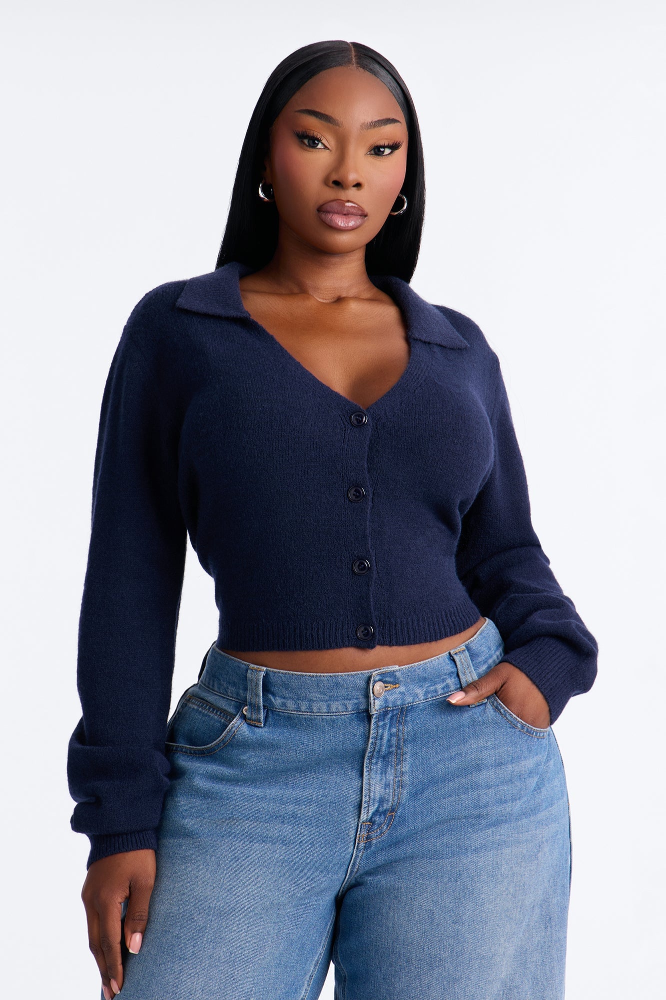 Slowing Down Collar Cropped Cardigan - Navy image 1