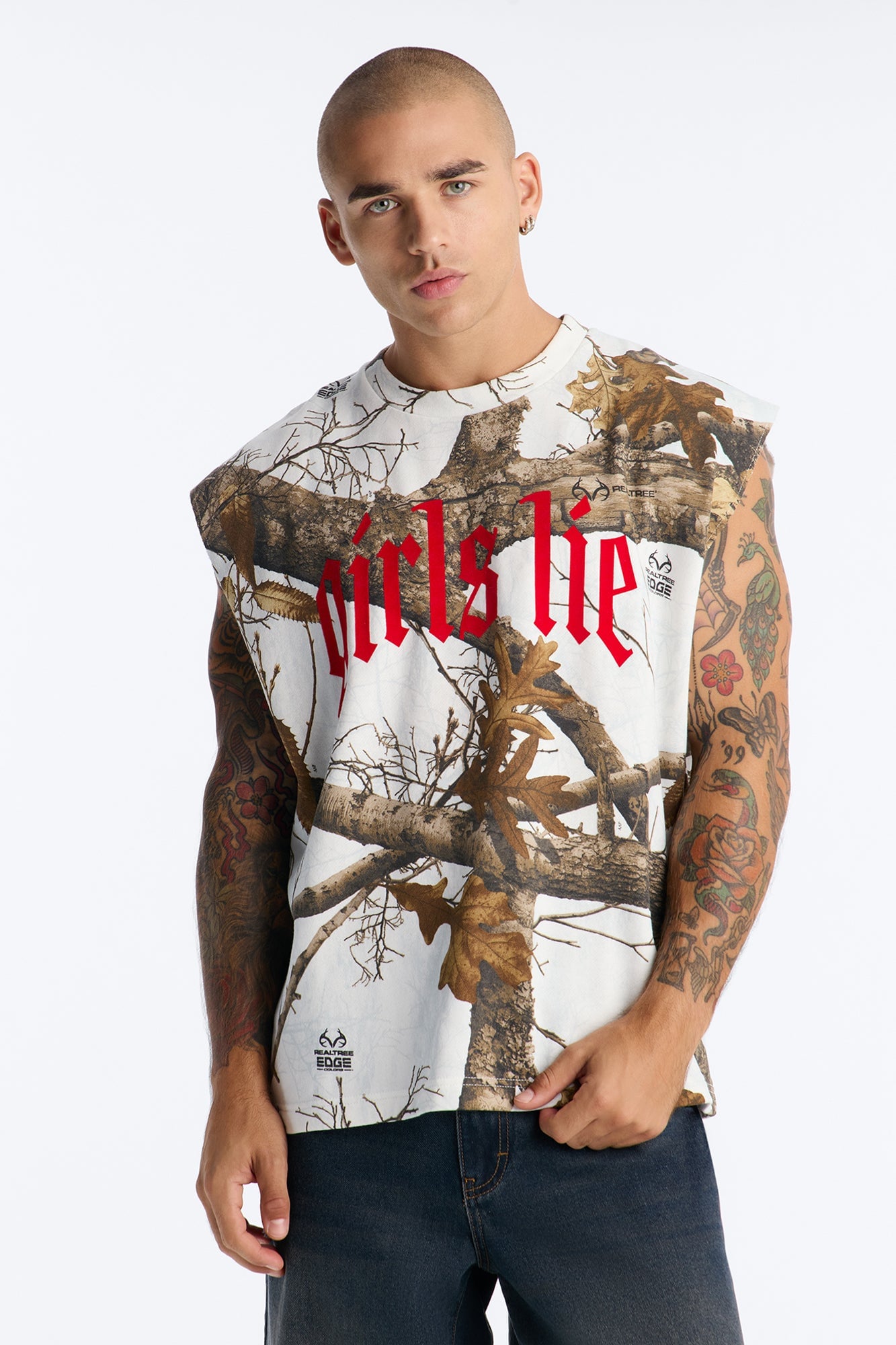 Real Tree Snow Girls Lie Flock Fleece Muscle Tee - Camouflage image 6
