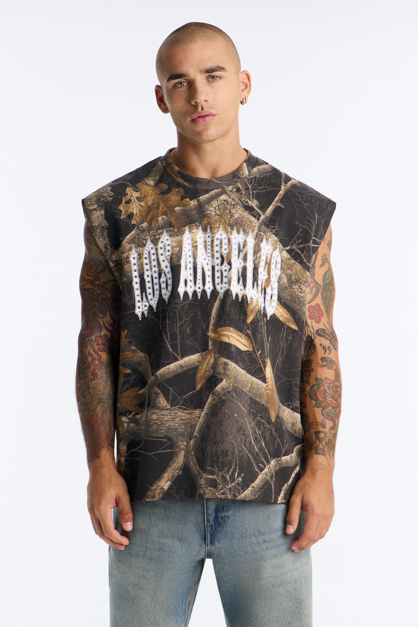 Real Tree Shadow Los Angeles Rhinestone Fleece Muscle Tee - Camouflage image 6