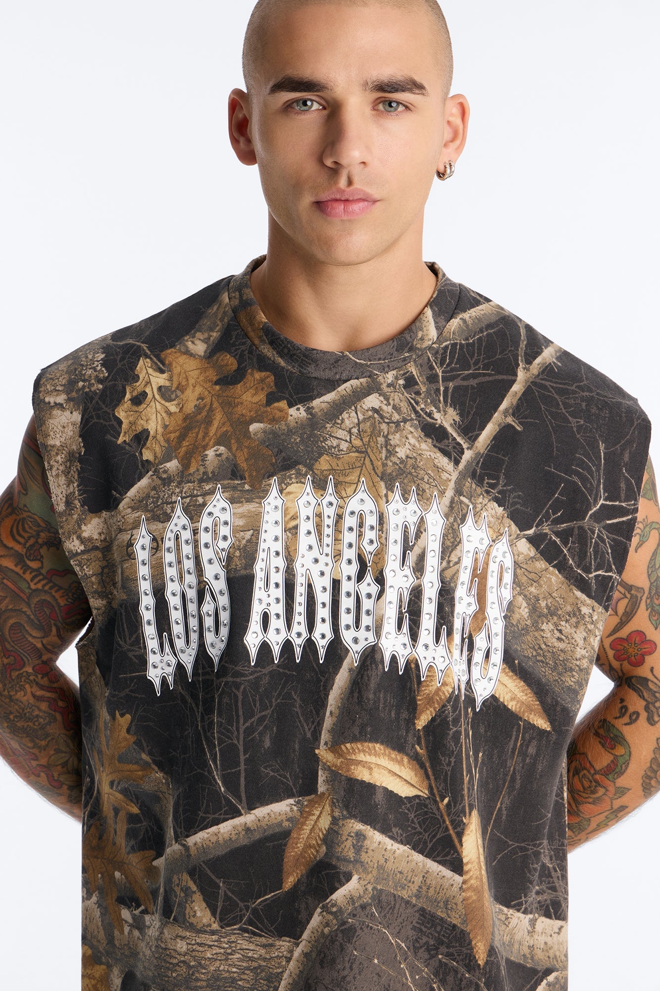 Real Tree Shadow Los Angeles Rhinestone Fleece Muscle Tee - Camouflage image 7