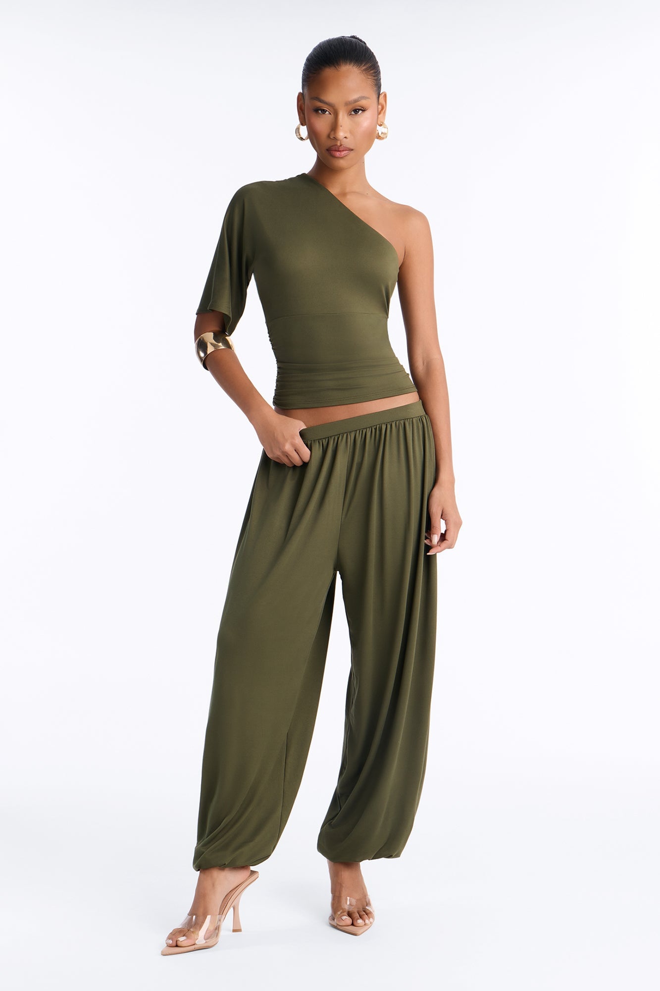 Megan One Shoulder Balloon Pant Set - Olive image 5