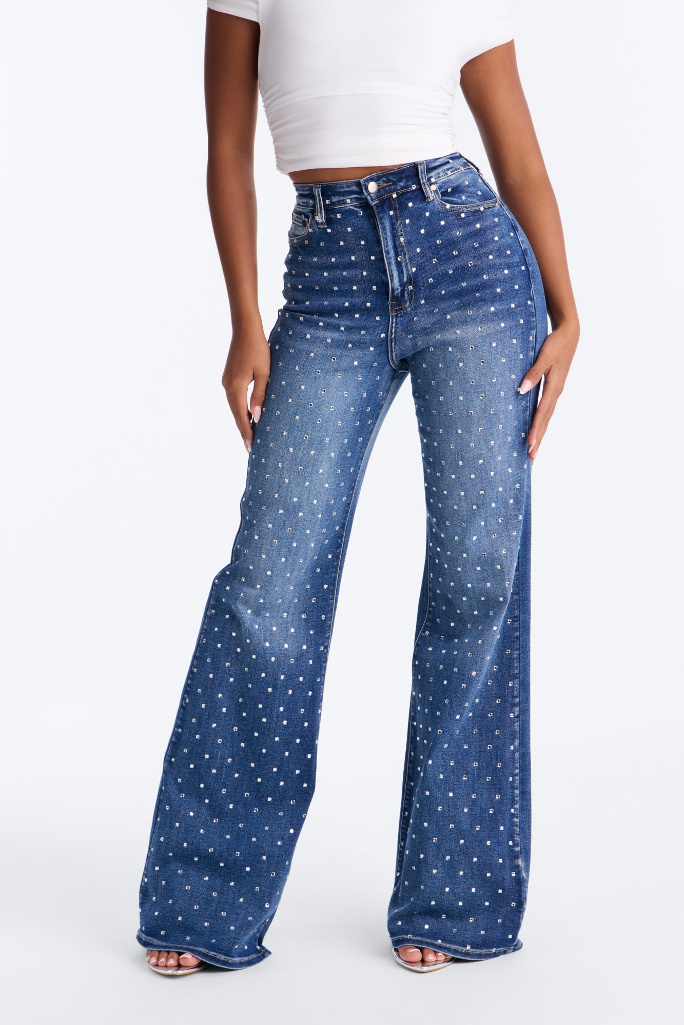 Stare Down High Rise Embellished Stretch Flare Jeans - Dark Wash image 1