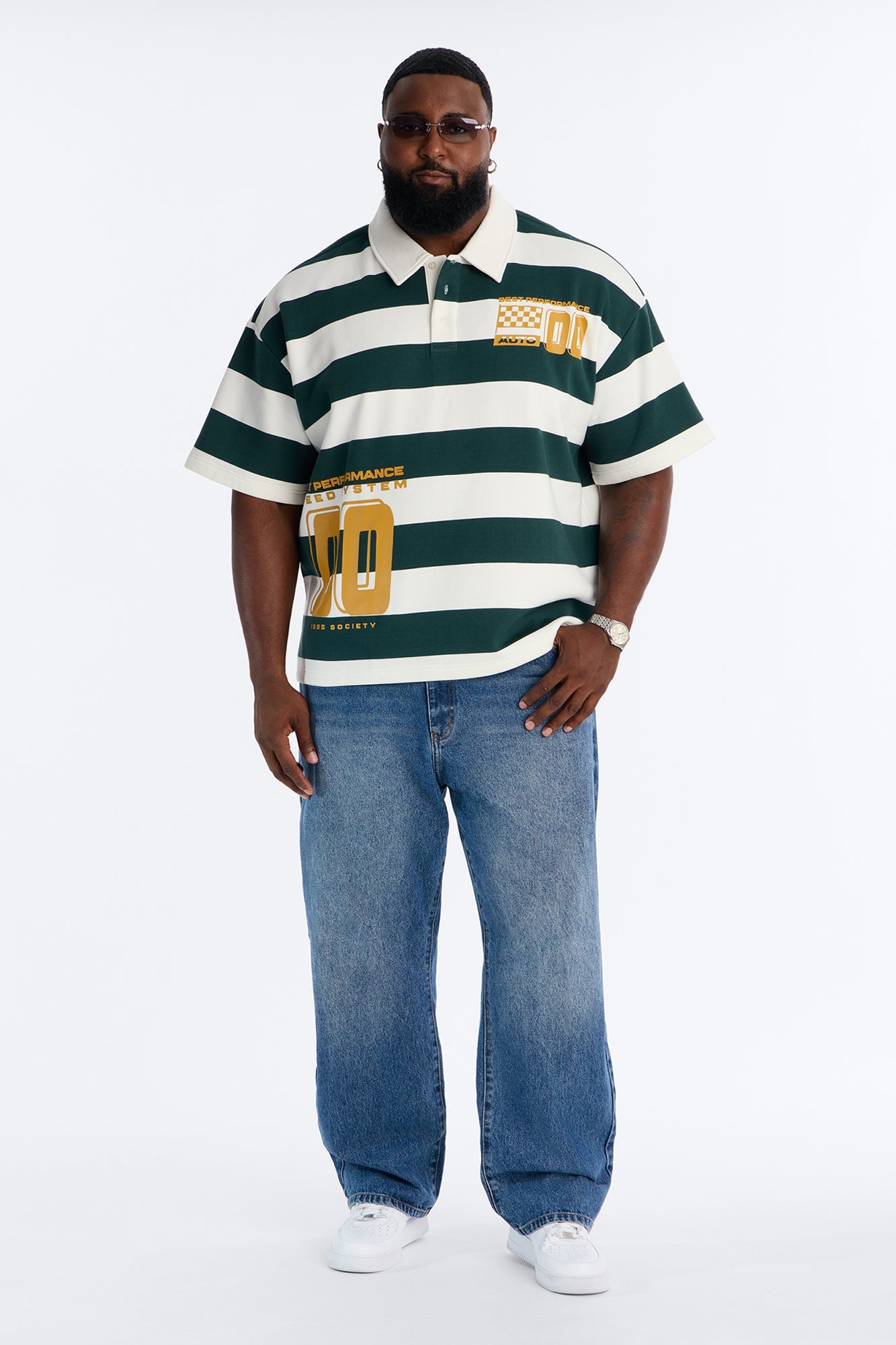 Racing Society Stripe Short Sleeve Fleece Polo - Green/combo image 2