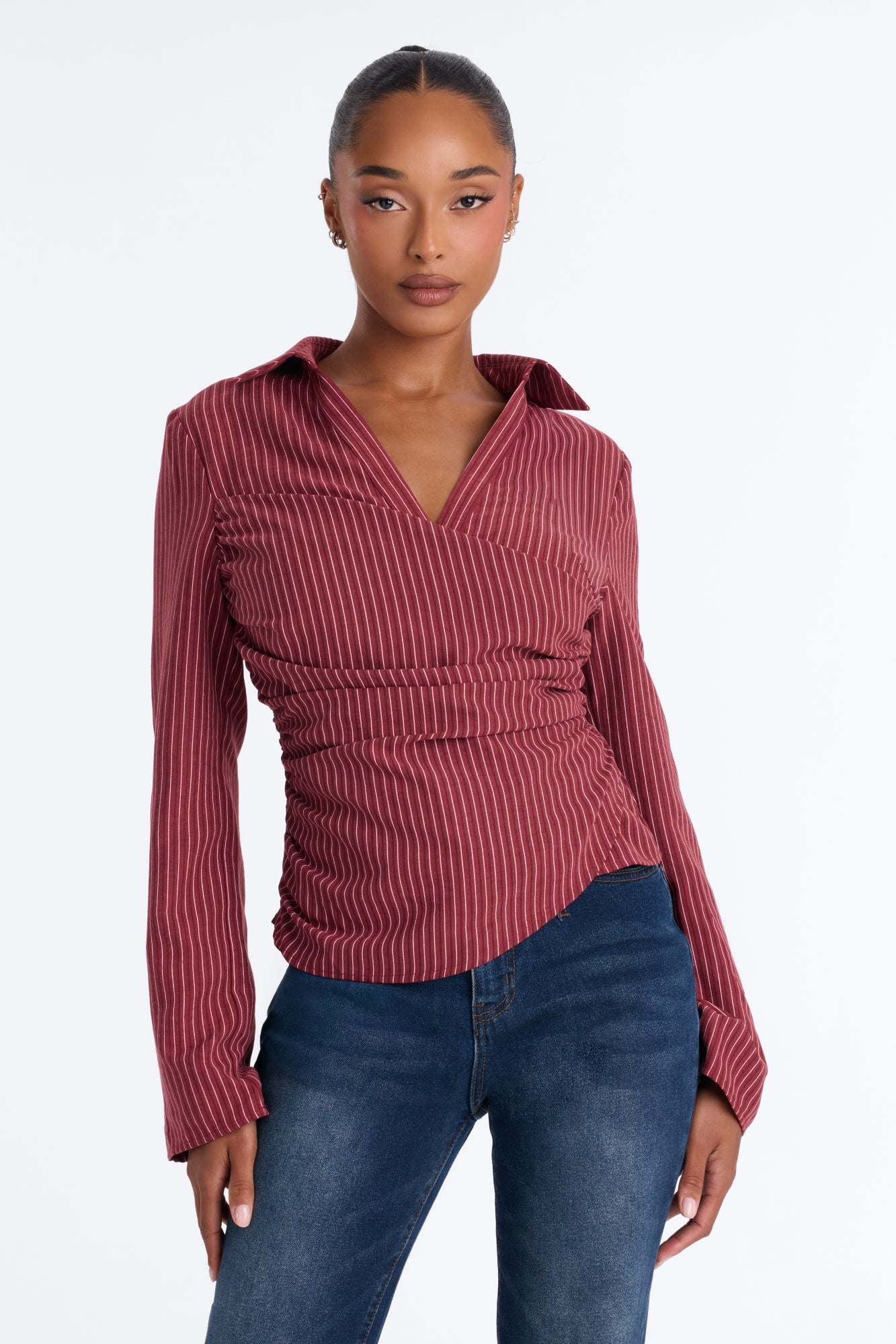 Modern Girl Ruched Pinstripe Top - Burgundy/combo image 5