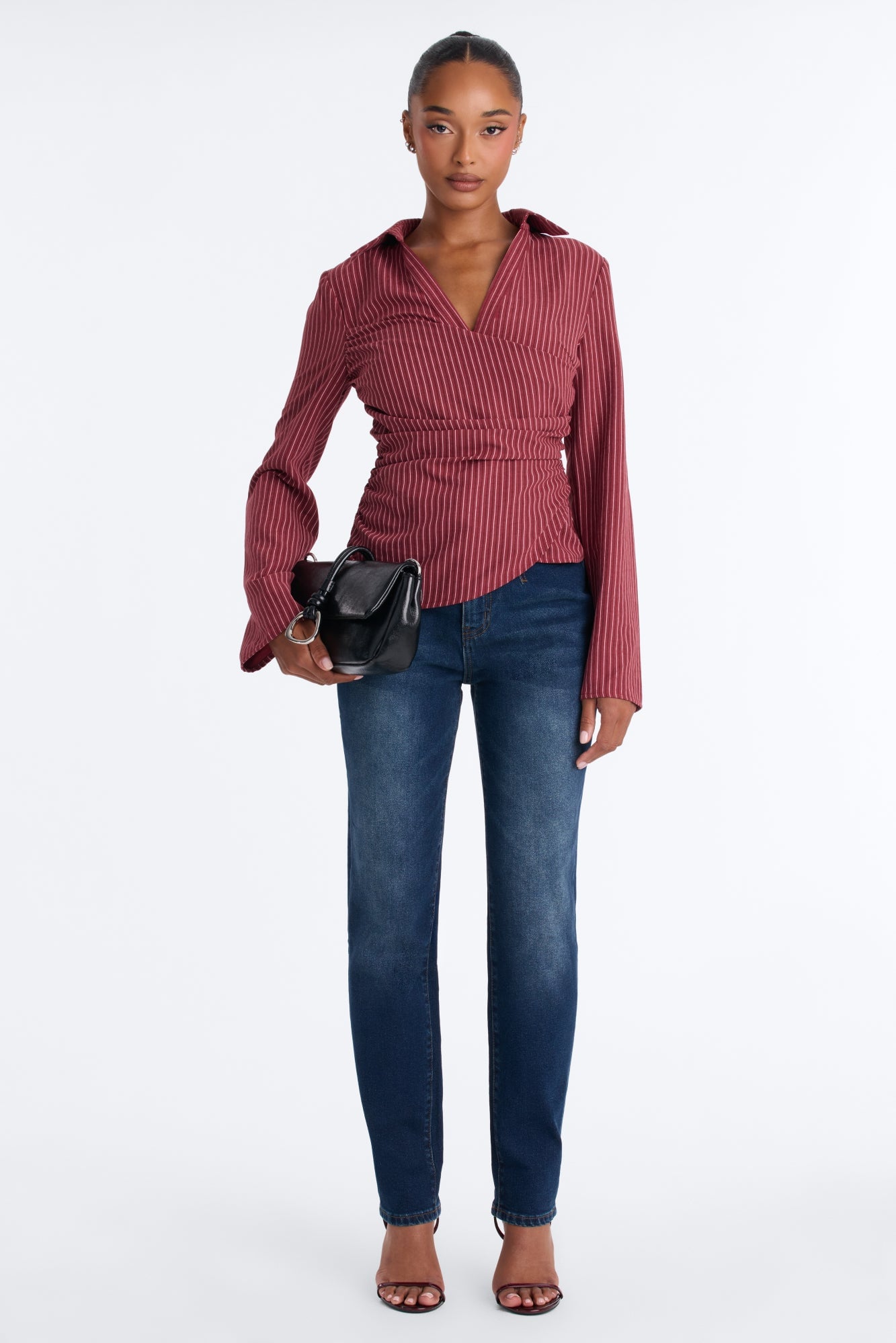 Modern Girl Ruched Pinstripe Top - Burgundy/combo image 6
