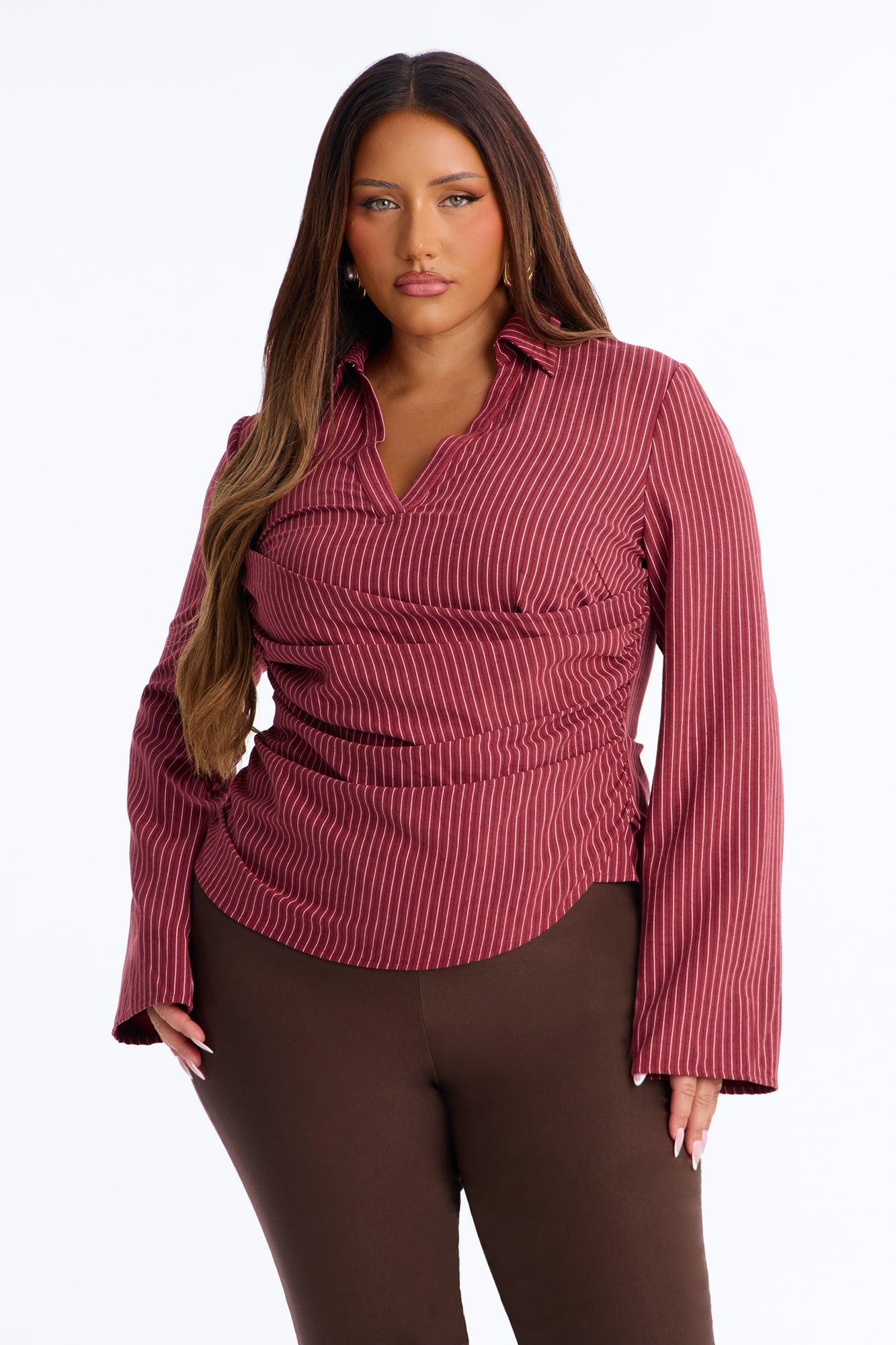 Modern Girl Ruched Pinstripe Top - Burgundy/combo image 1