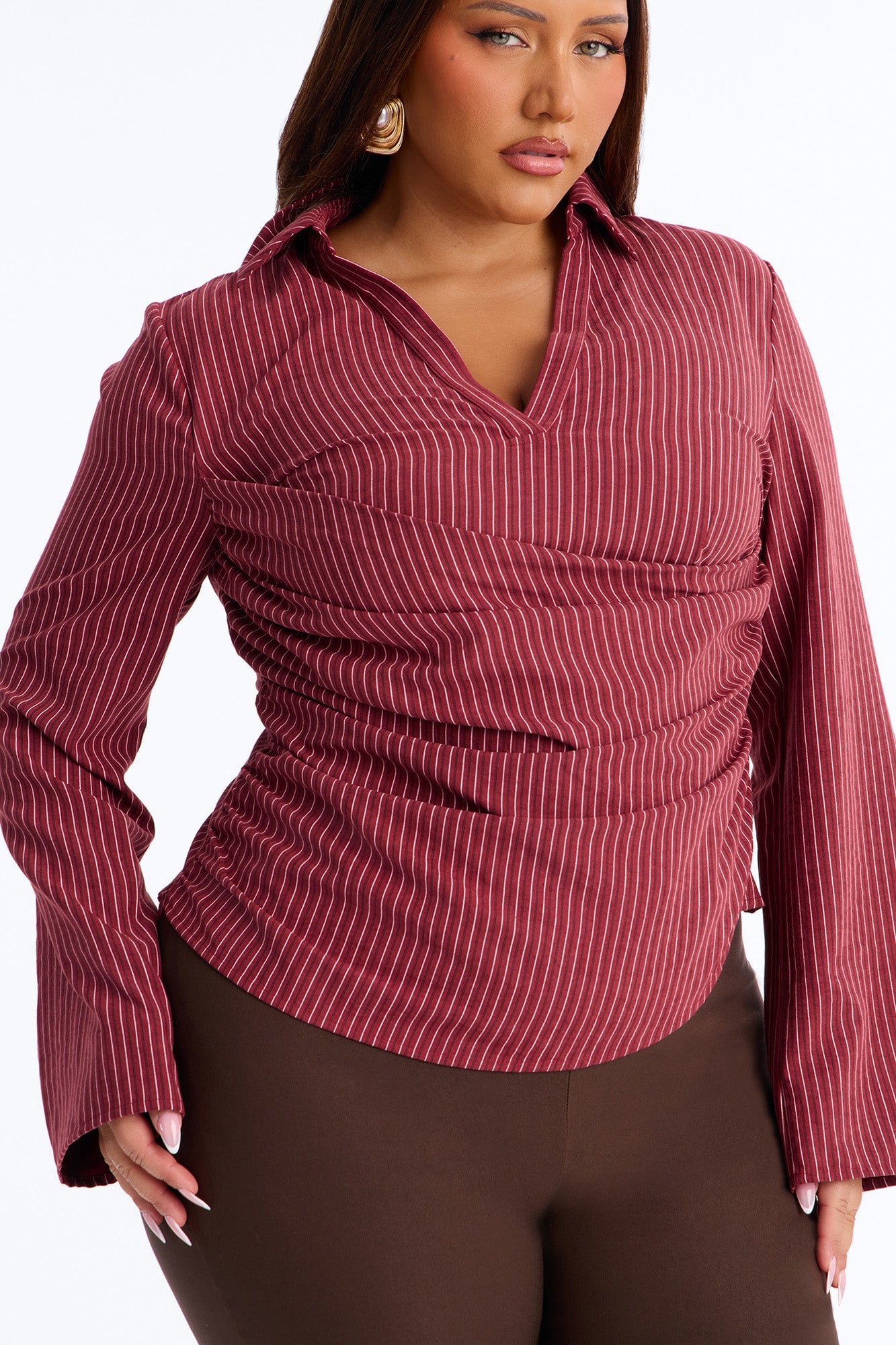 Modern Girl Ruched Pinstripe Top - Burgundy/combo image 3