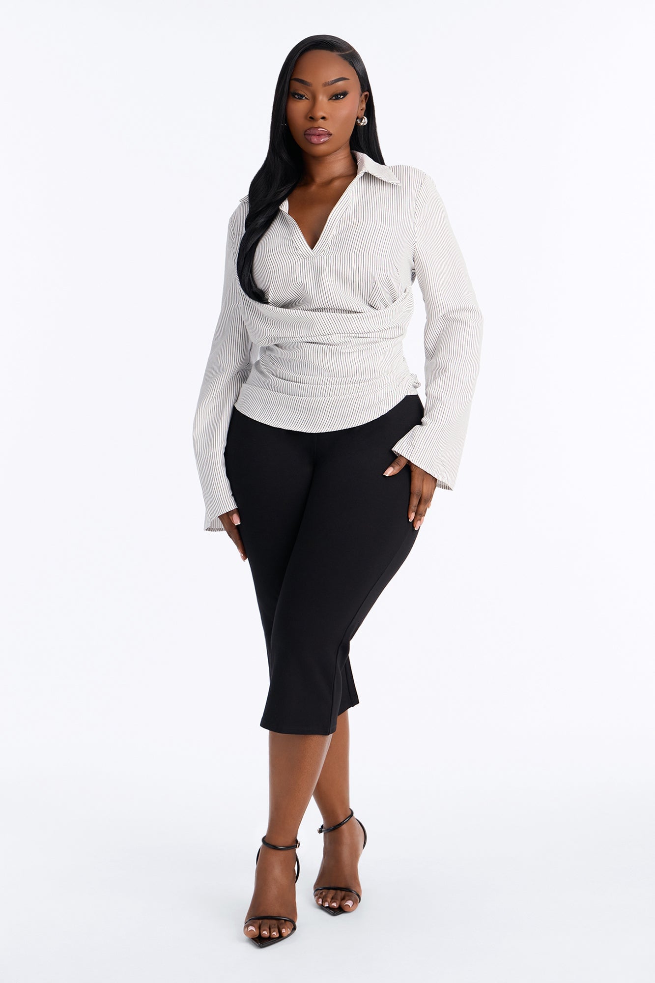 Modern Girl Ruched Pinstripe Top - White/Black image 2