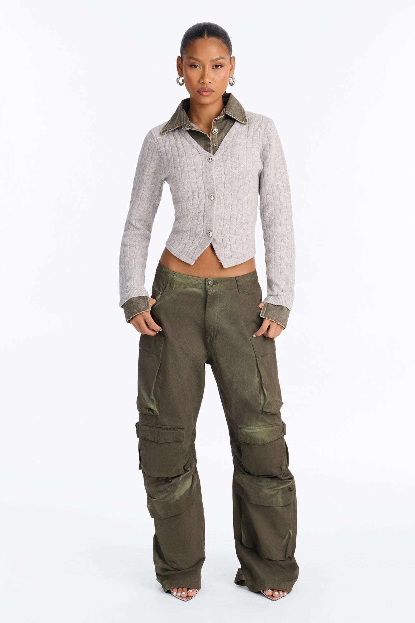All Too Well Denim Contrast Cable Knit Cardigan - Heather/Combo image 6