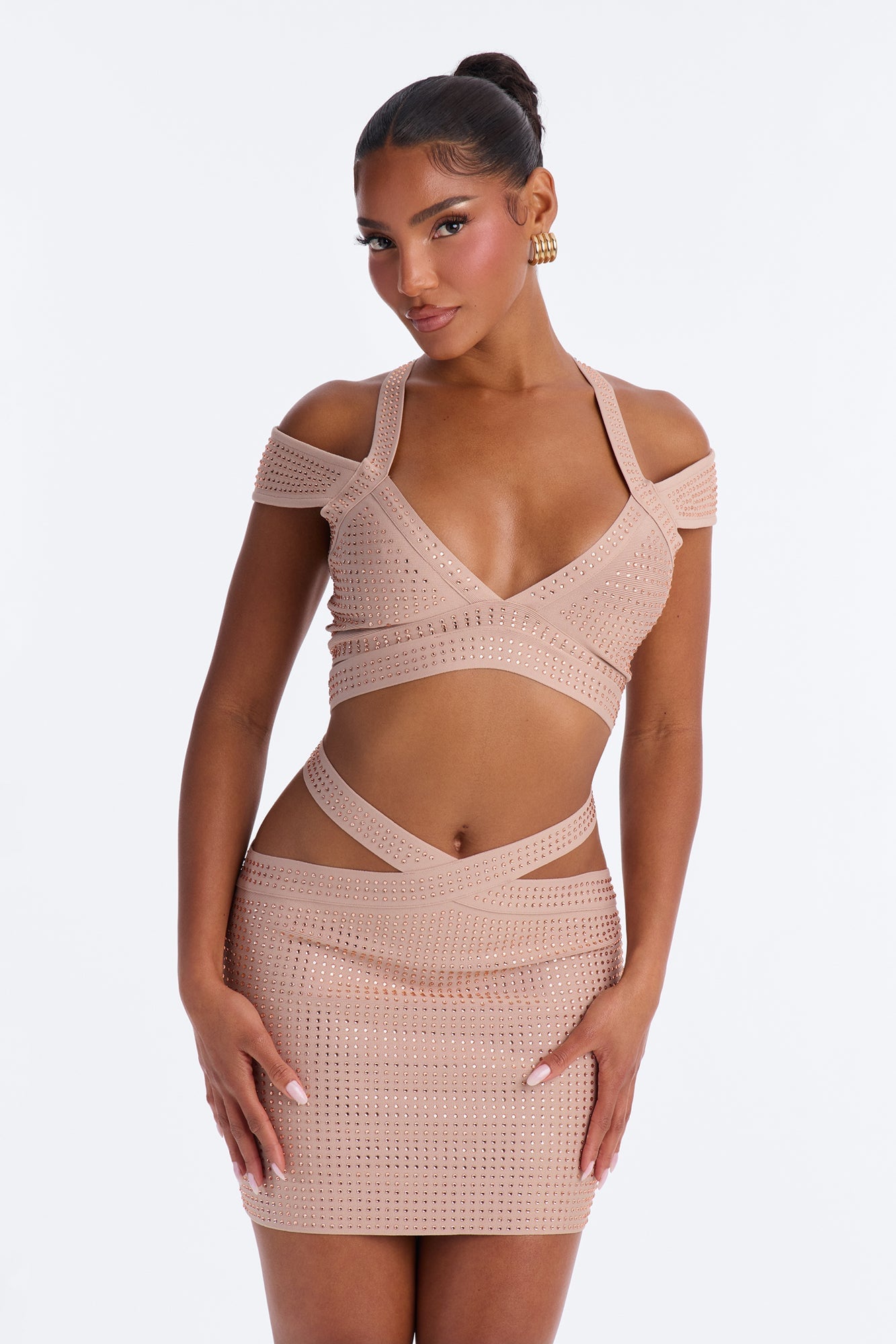 Bodied Embellished Bandage Mini Dress - Champagne image 2