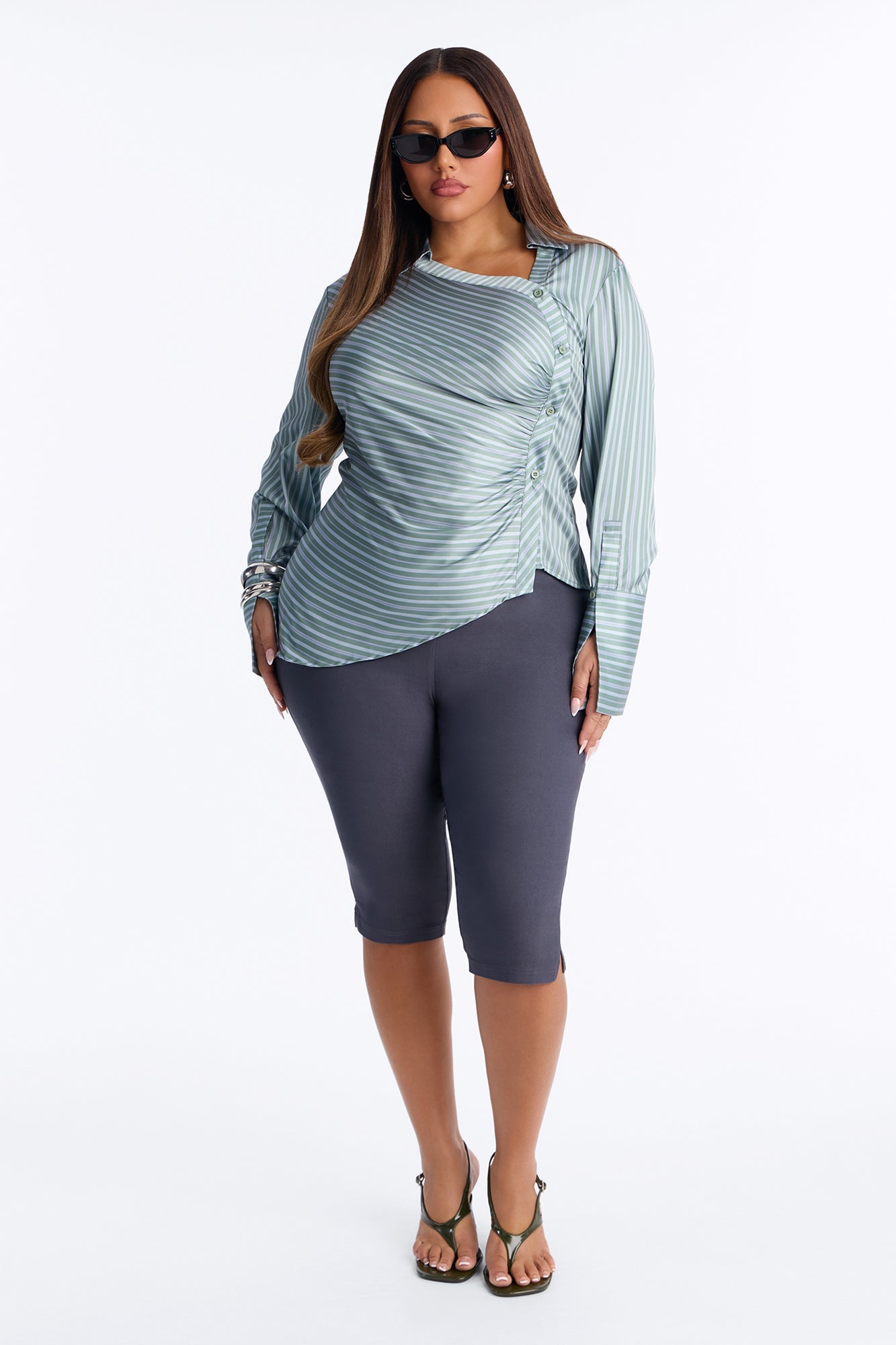 Office Cool Asymmetrical Striped Satin Shirt - Sage/combo image 2