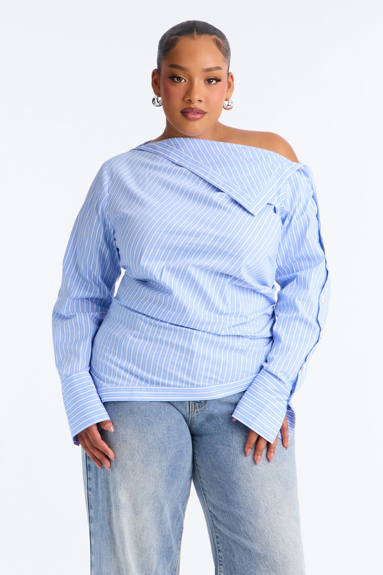 Ella One Shoulder Striped Poplin Top - Blue/combo image 1