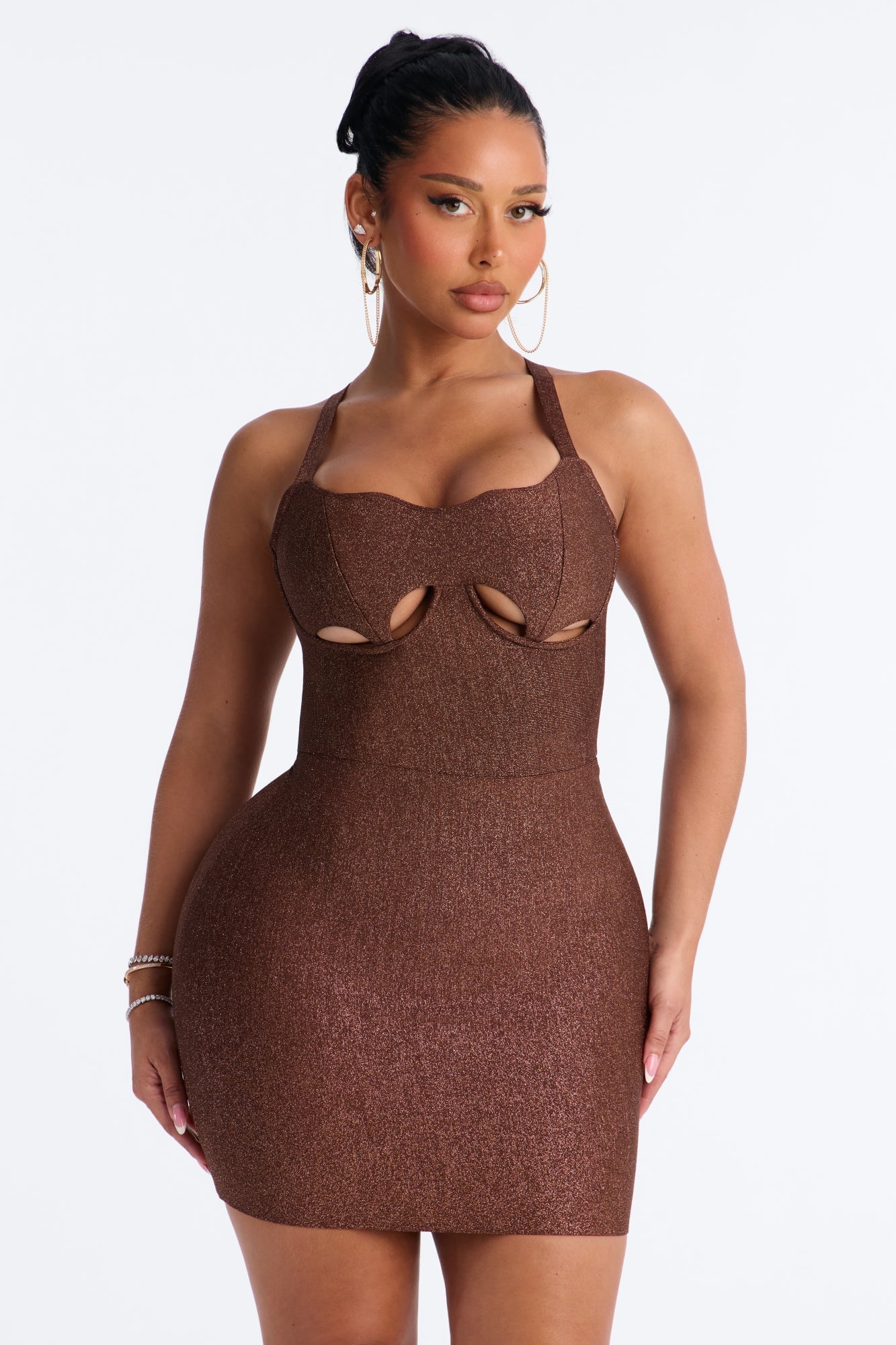 Award Worthy Glitter Bandage Mini Dress - Bronze image 1