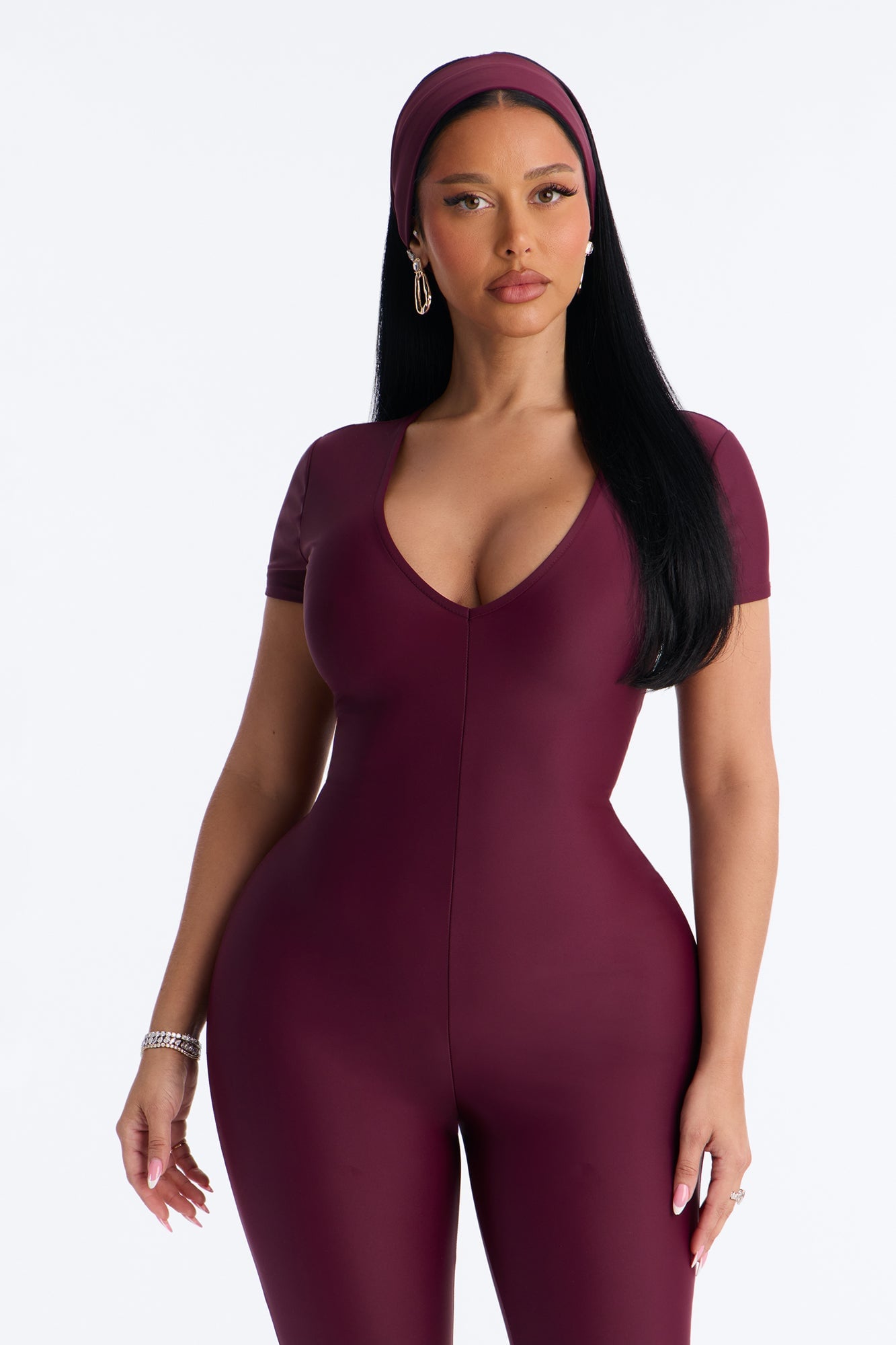 Mia Plunge Neck 2 piece Capri Jumpsuit - Burgundy image 3