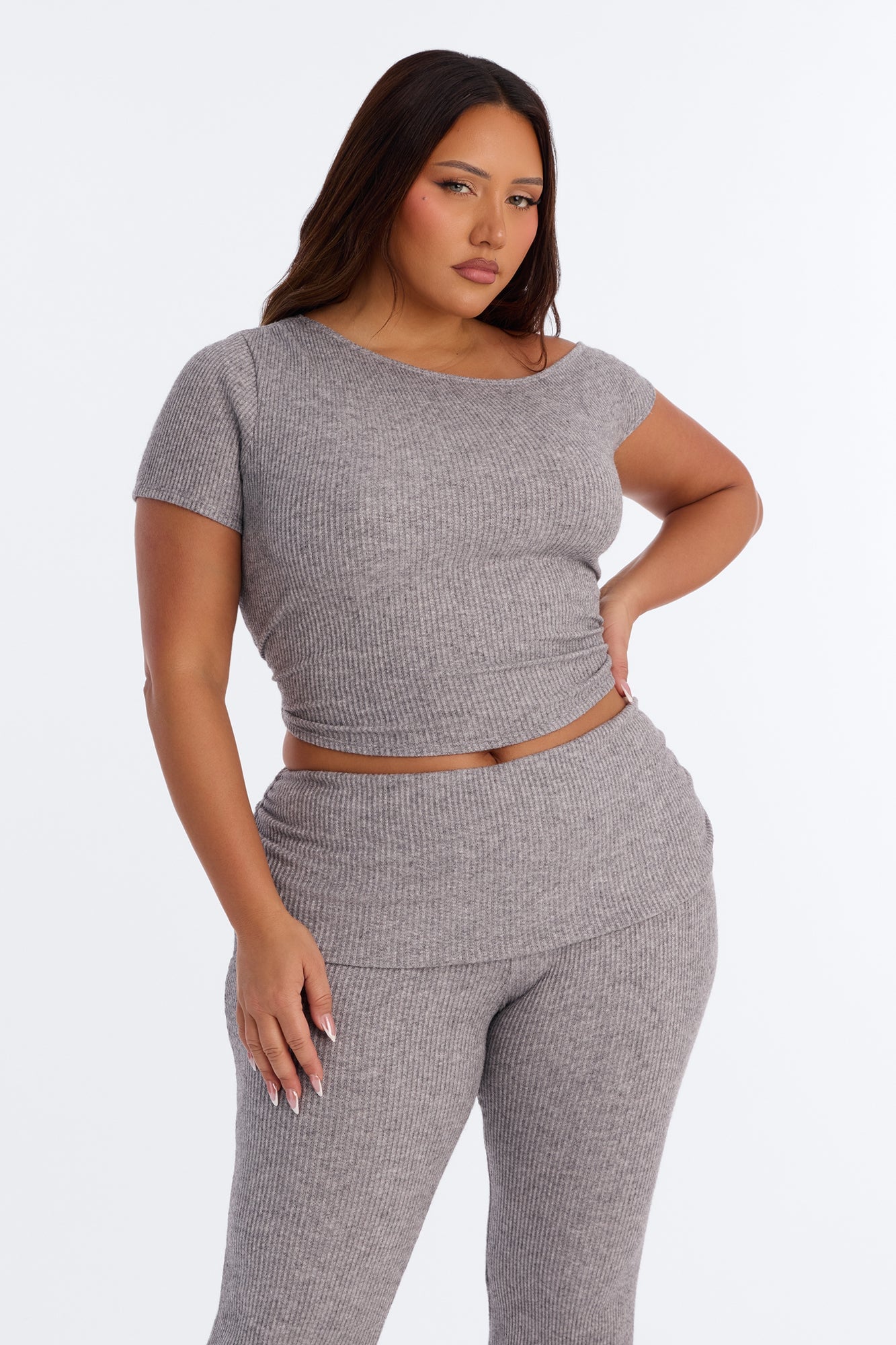 Margot Off Shoulder Ribbed Pant Set - Heather Grey image 2