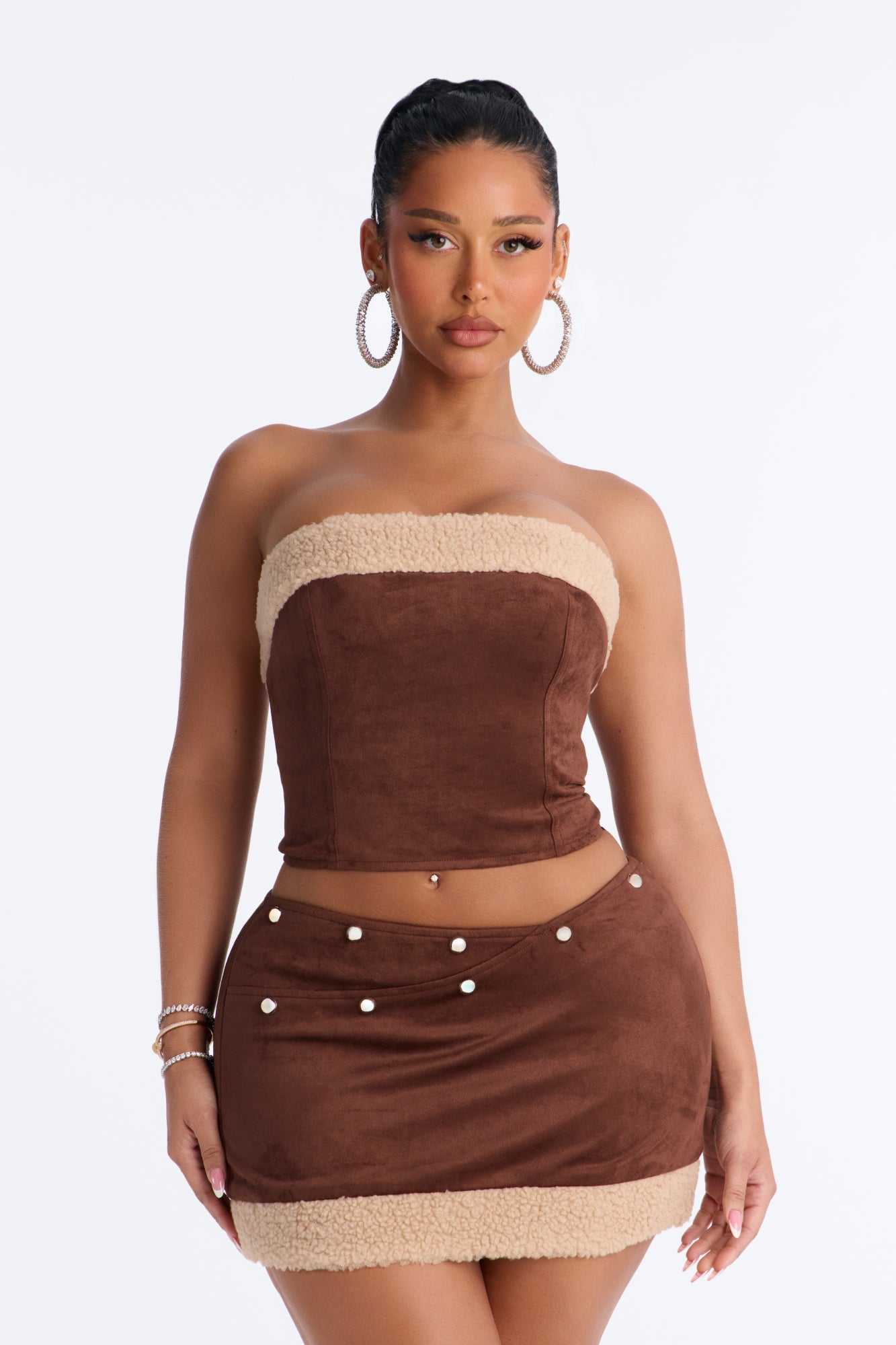 Greta Faux Suede Skirt Set - Brown image 2