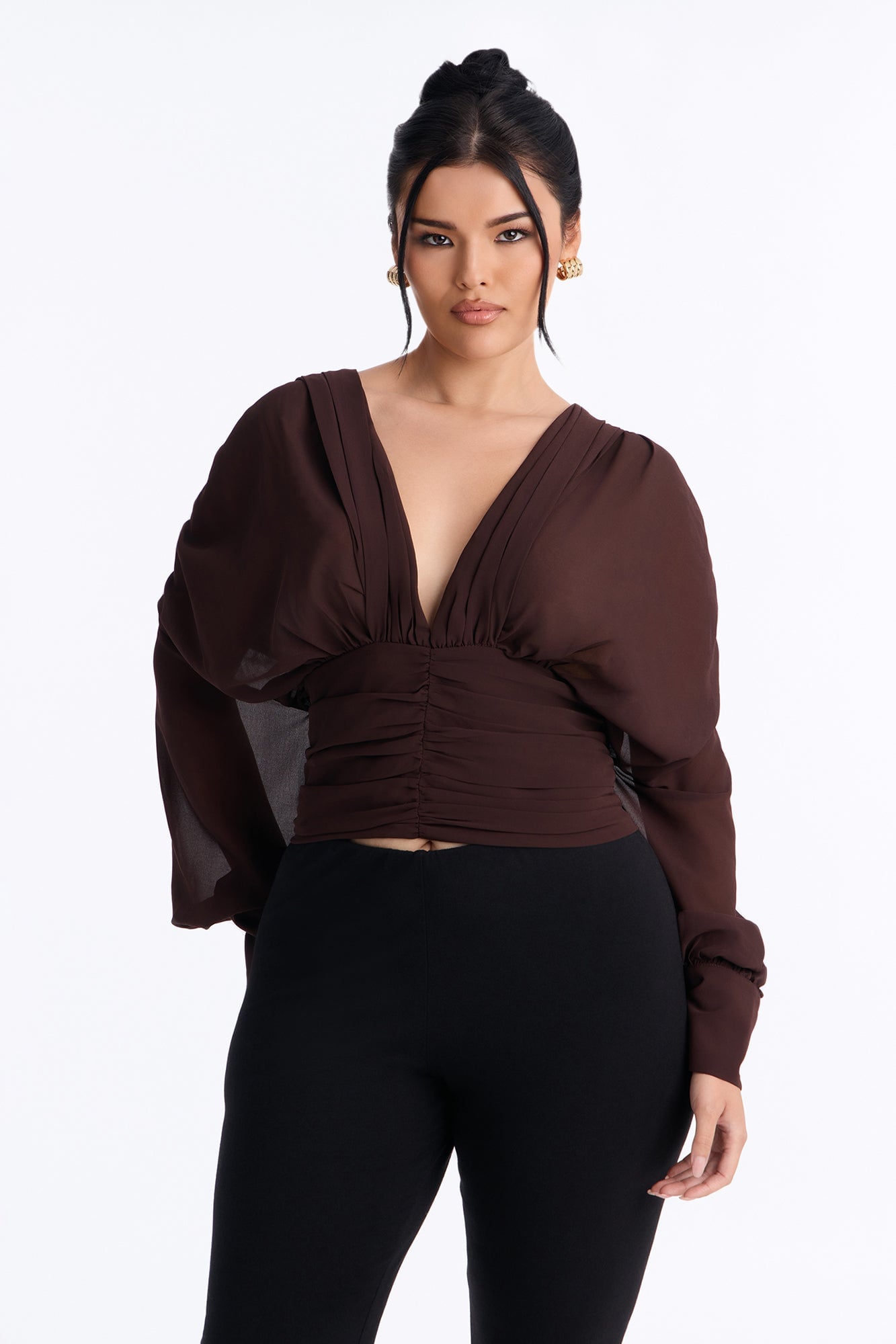 Lynna Ruched Chiffon Blouse - Brown image 1