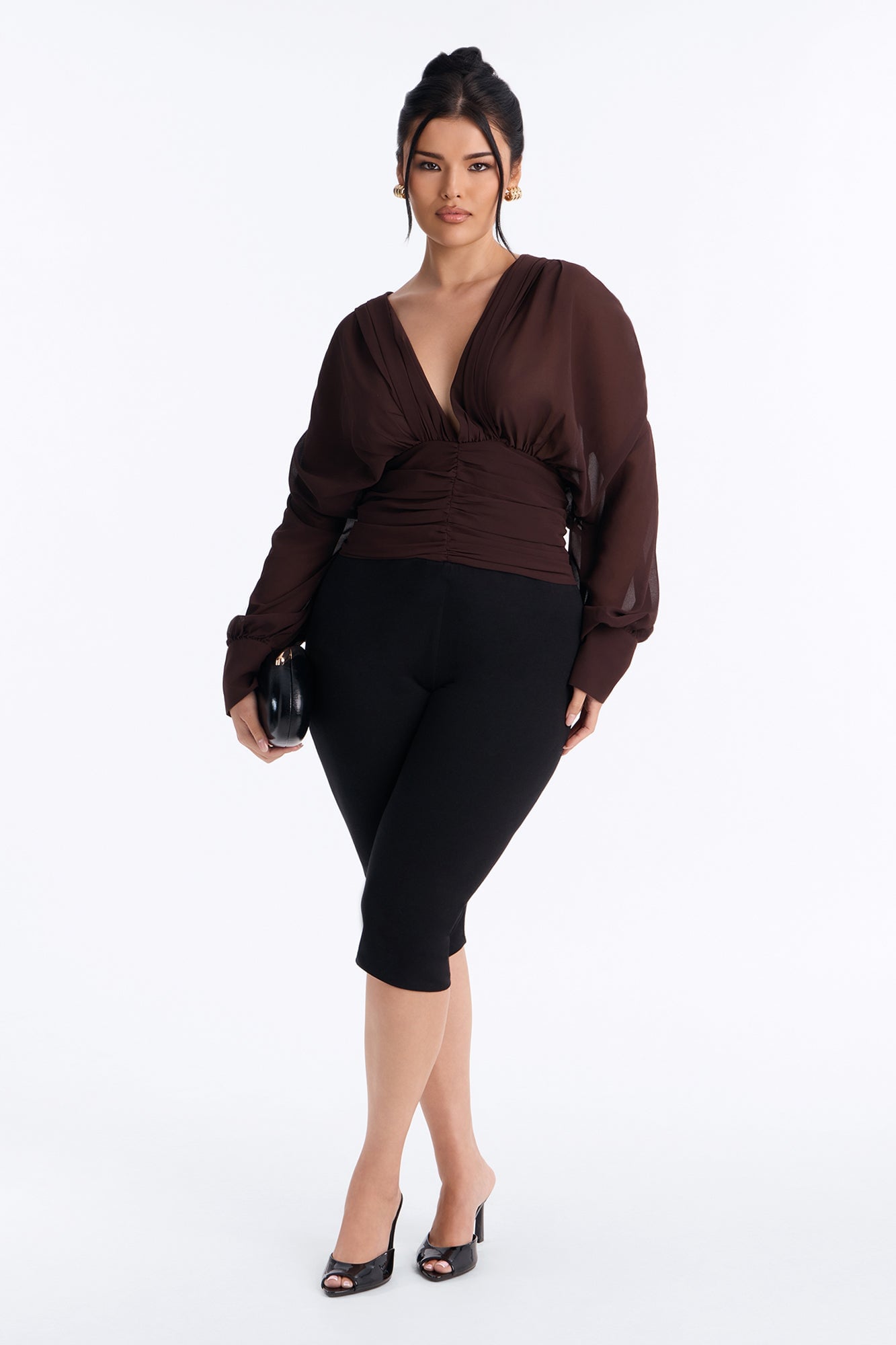 Lynna Ruched Chiffon Blouse - Brown image 2