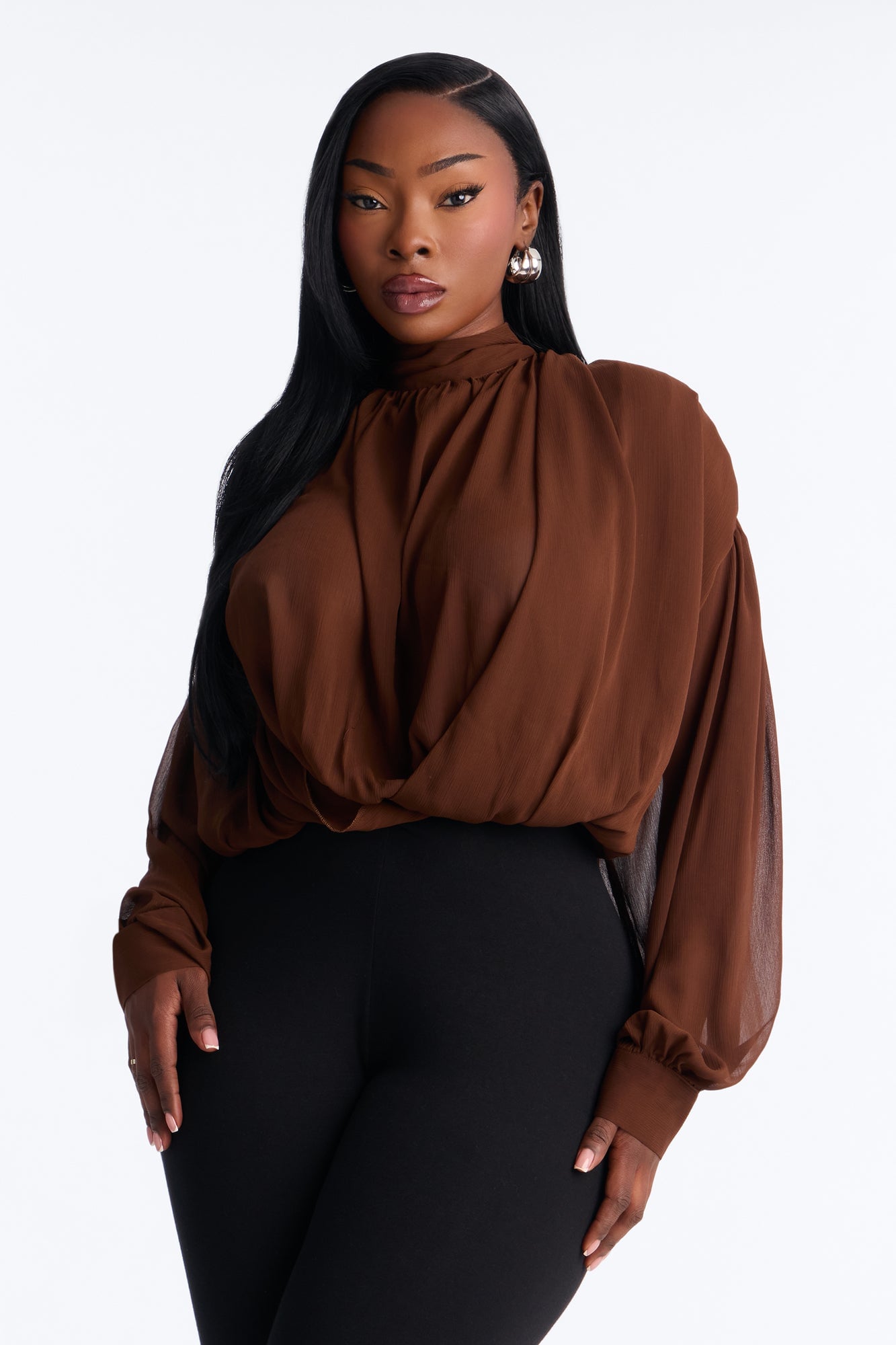 Aleana Cropped Chiffon Blouse - Brown image 1