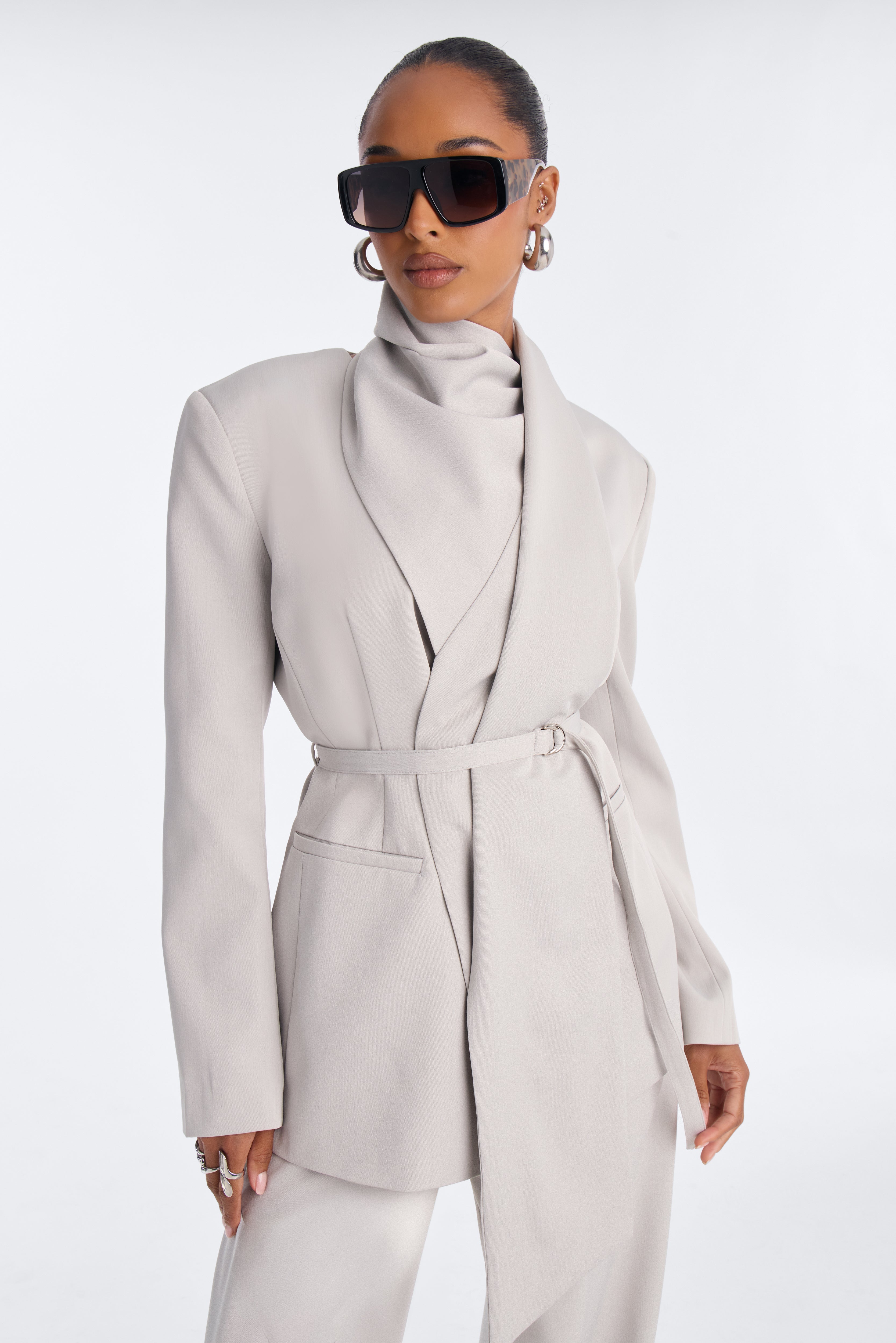 Not Your Secretary Scarf Belted Blazer - Light Grey image 5