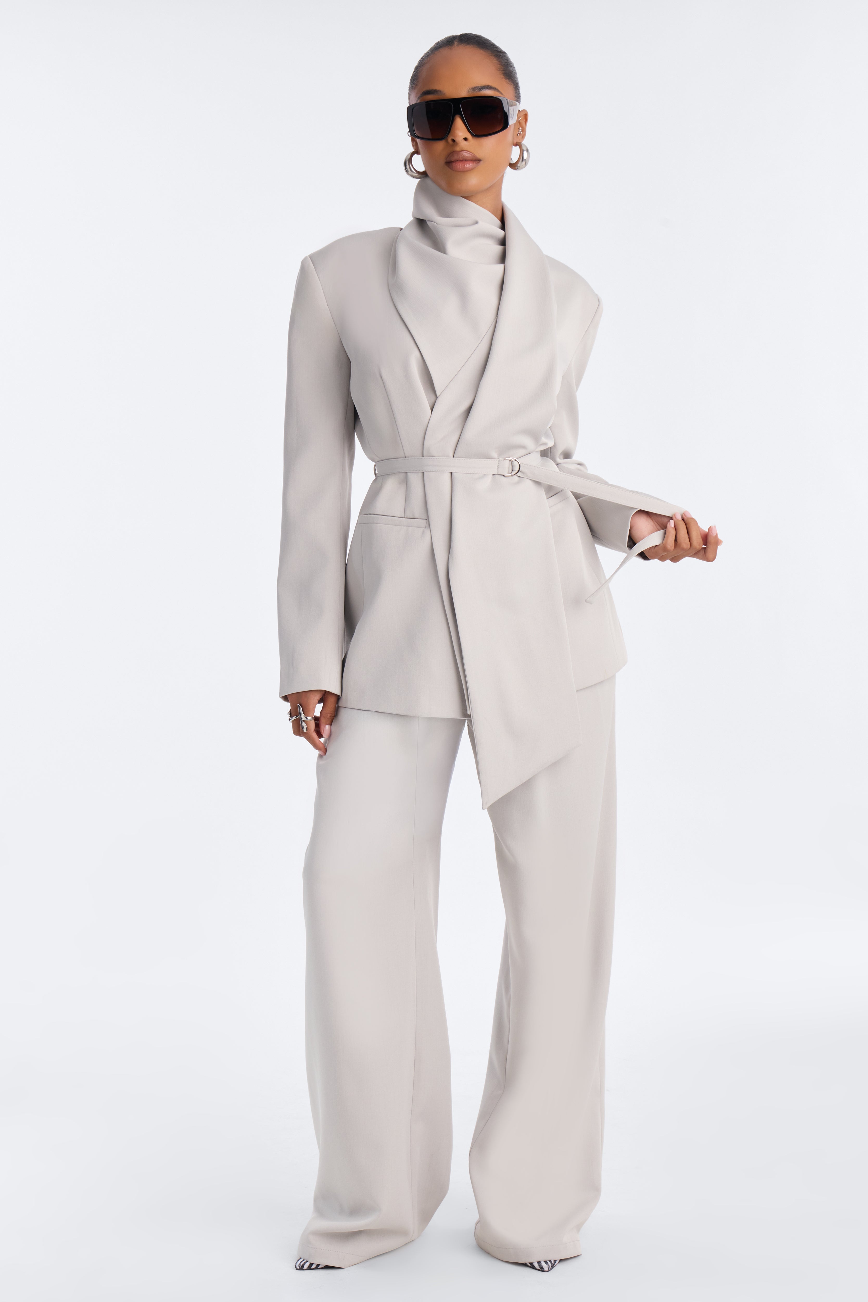 Not Your Secretary Scarf Belted Blazer - Light Grey image 6