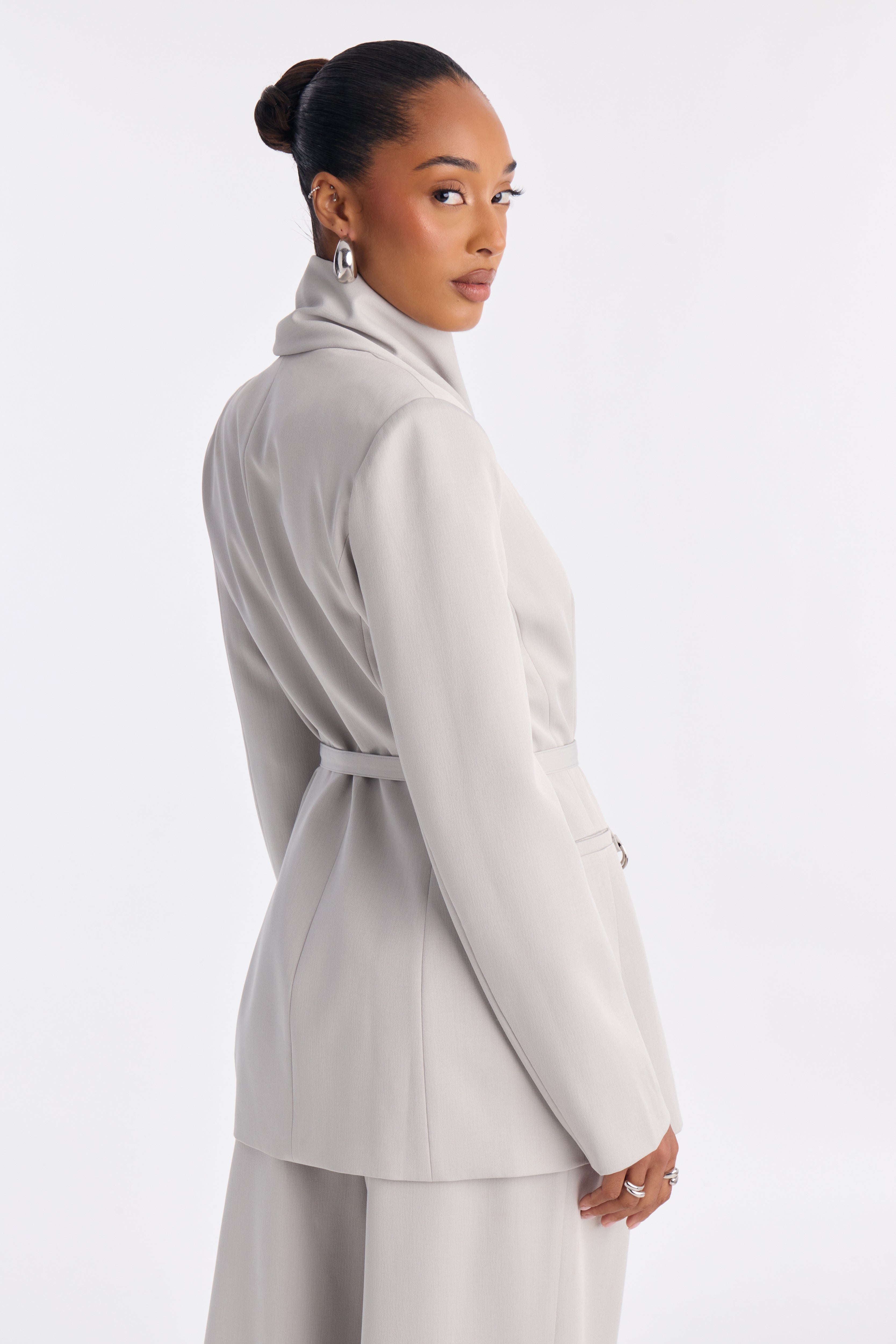Not Your Secretary Scarf Belted Blazer - Light Grey image 7
