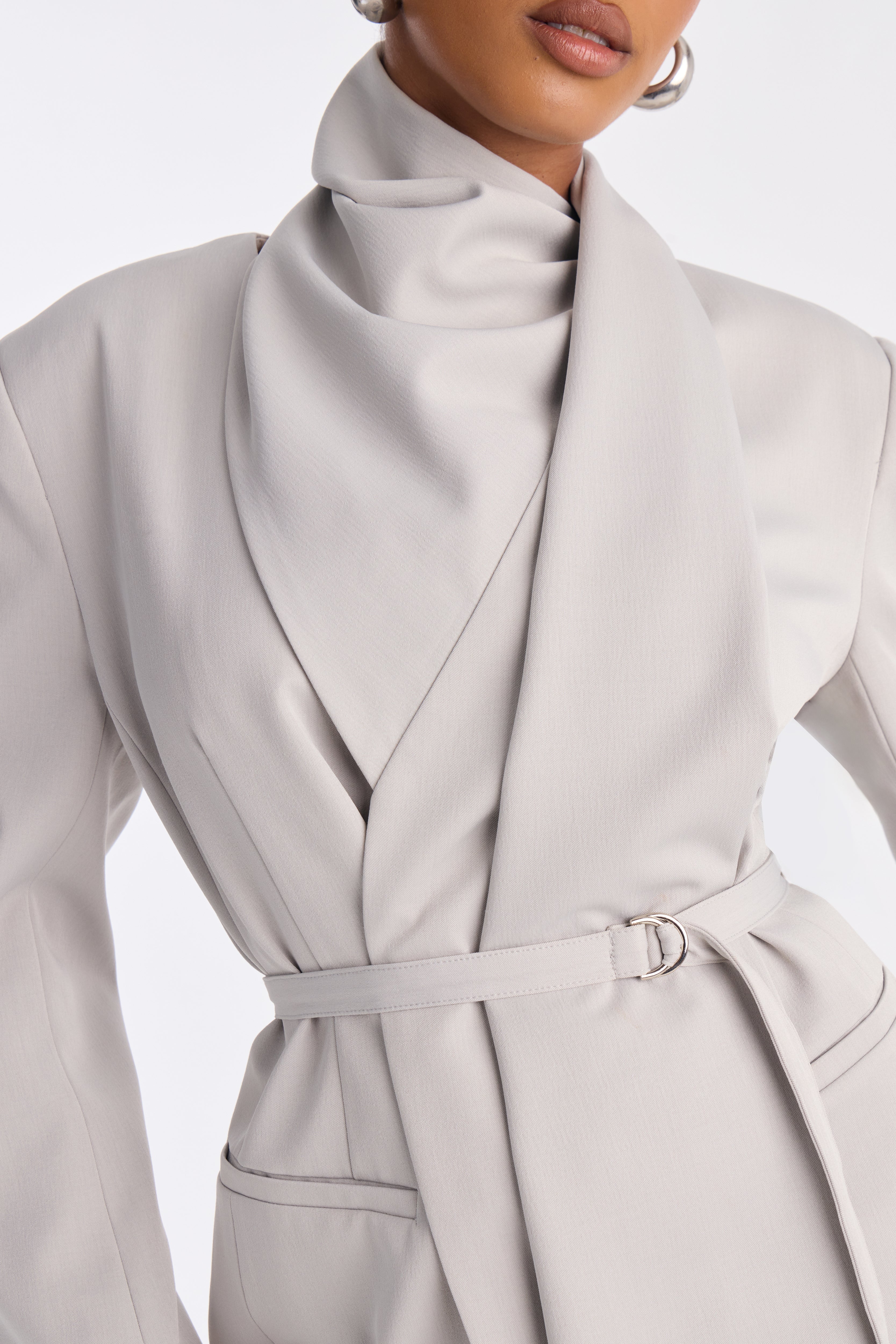 Not Your Secretary Scarf Belted Blazer - Light Grey image 8