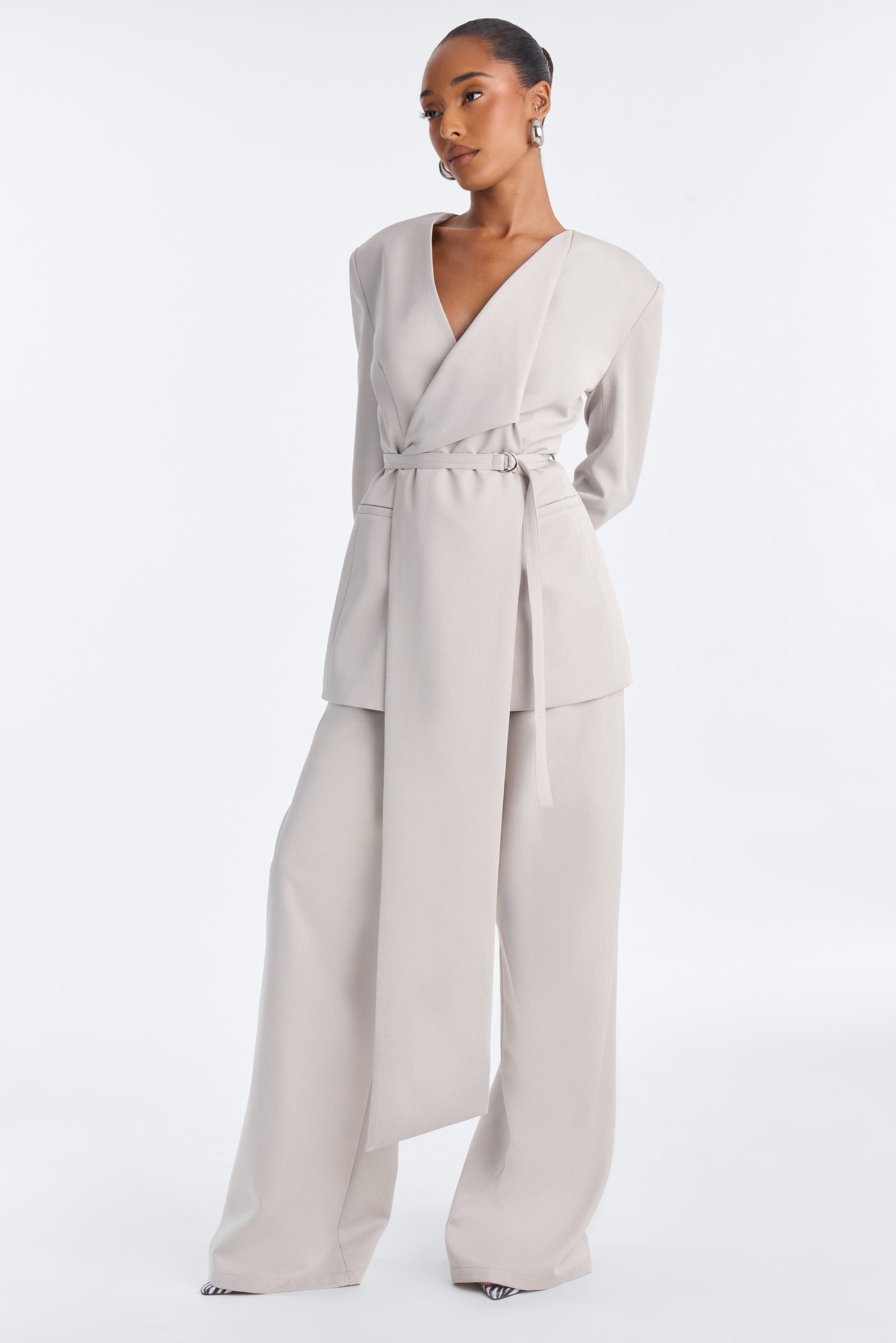Not Your Secretary Scarf Belted Blazer - Light Grey image 9
