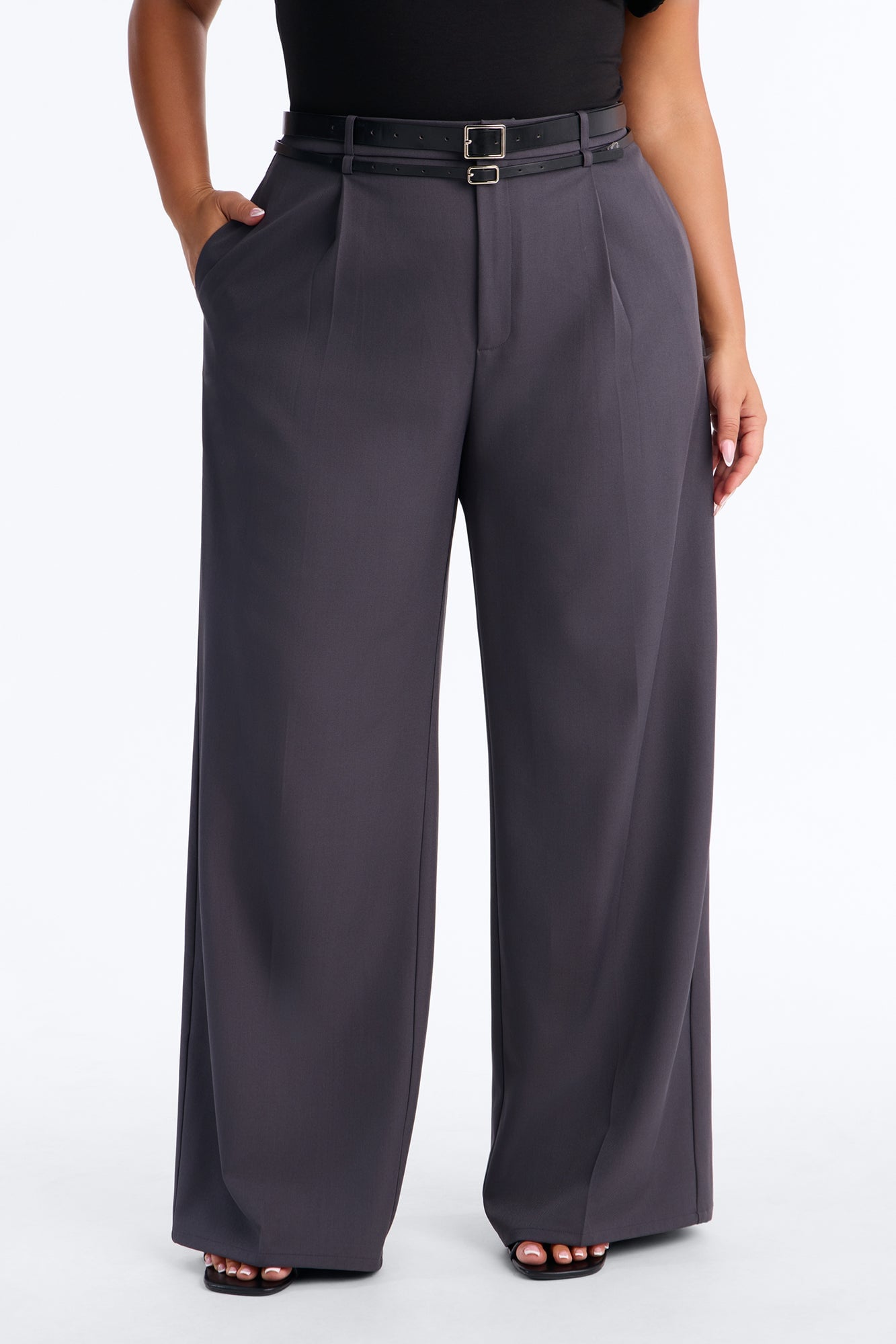 Geraldine Belted Wide Leg Trousers 33″ - Charcoal image 1