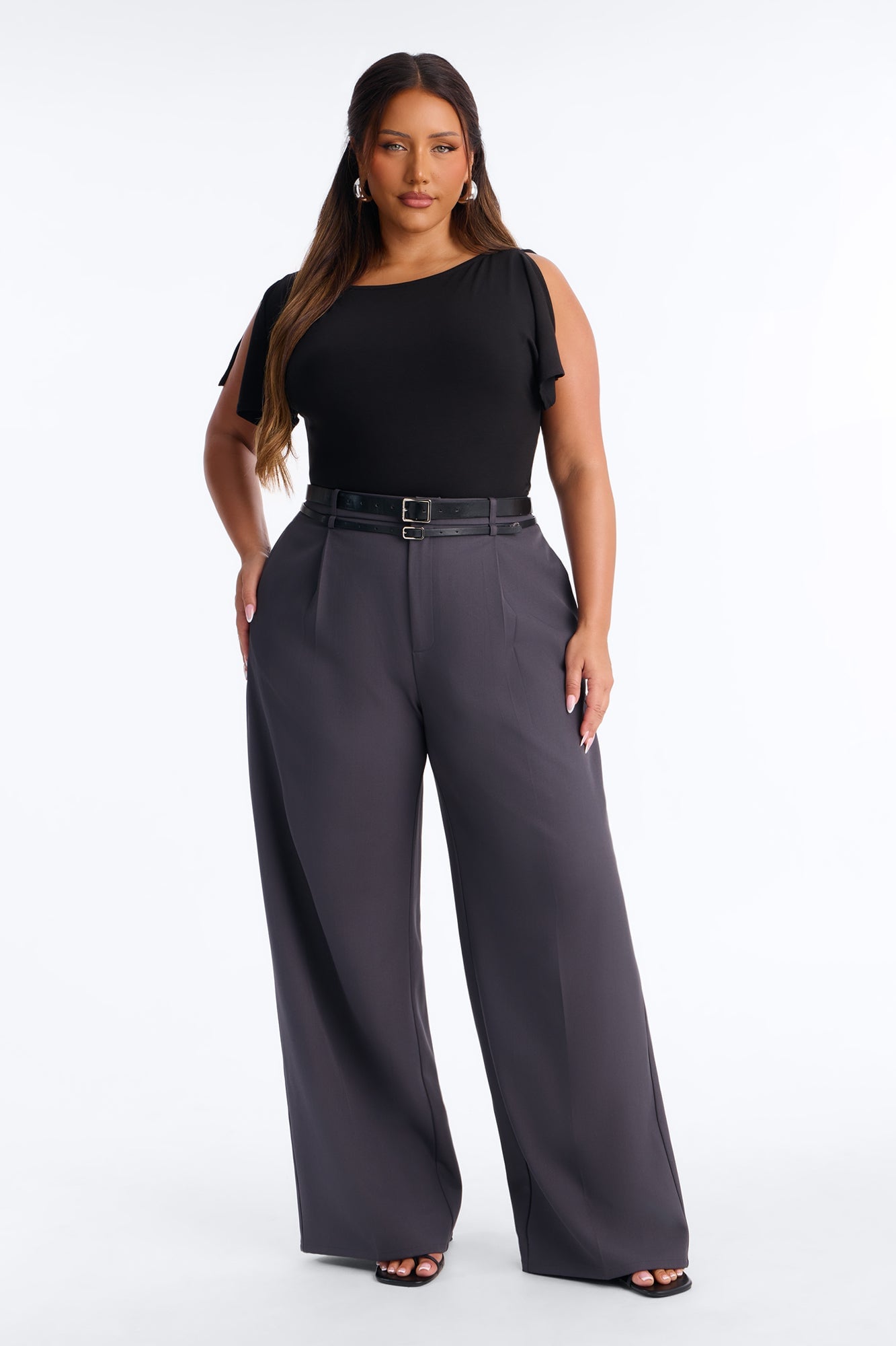 Geraldine Belted Wide Leg Trousers 33″ - Charcoal image 2