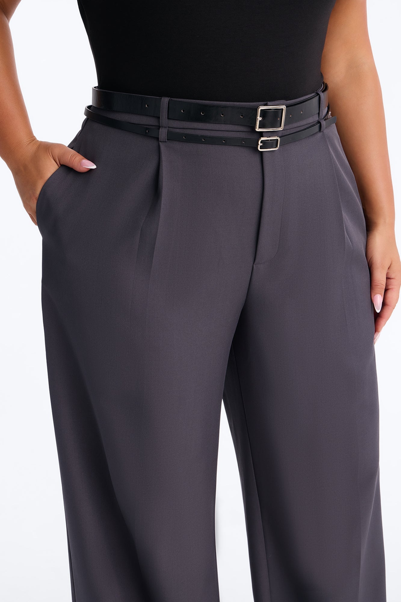 Geraldine Belted Wide Leg Trousers 33″ - Charcoal image 3
