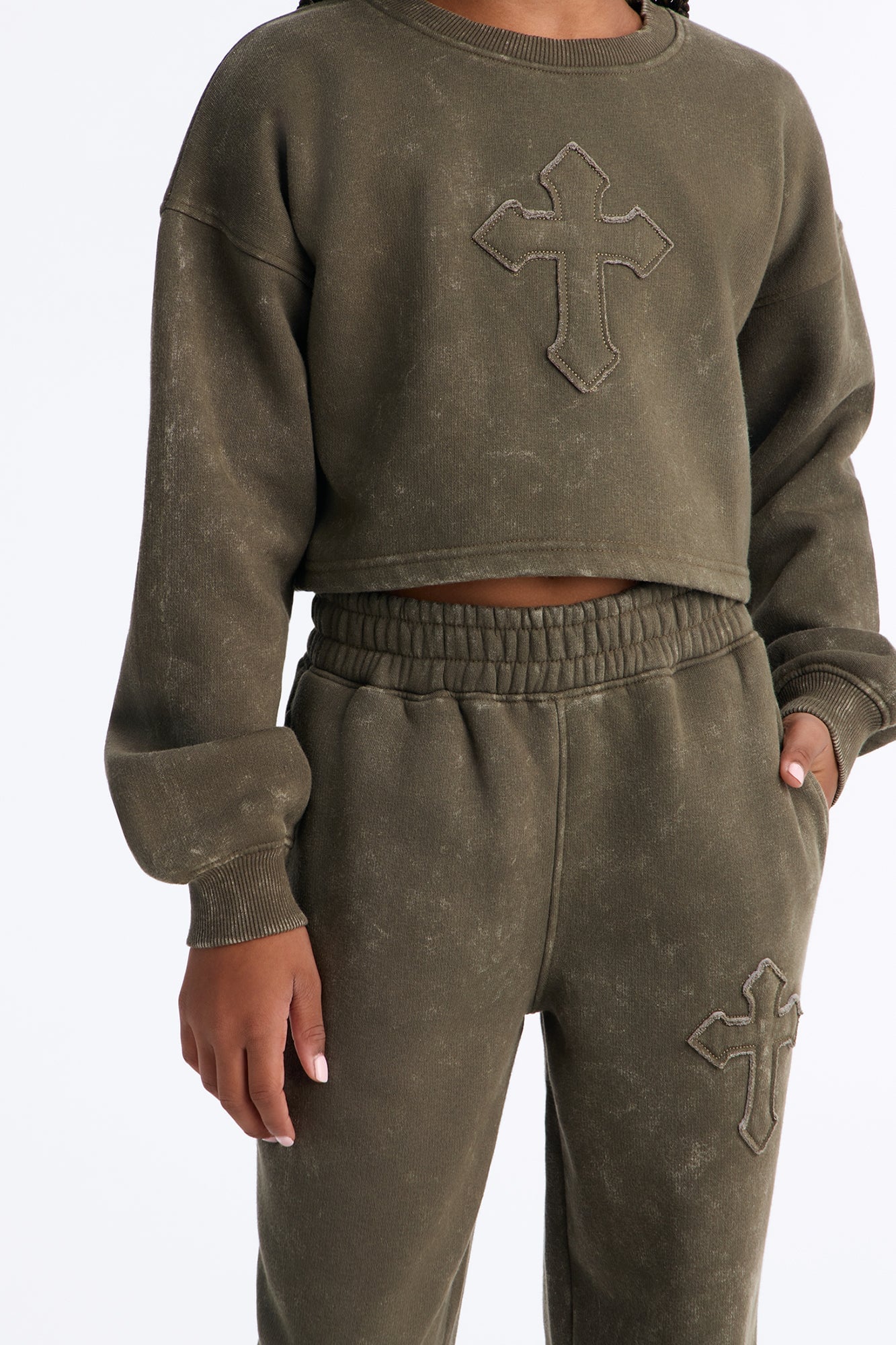 Mini Hidden Cross Fleece Pant Set - Olive image 4
