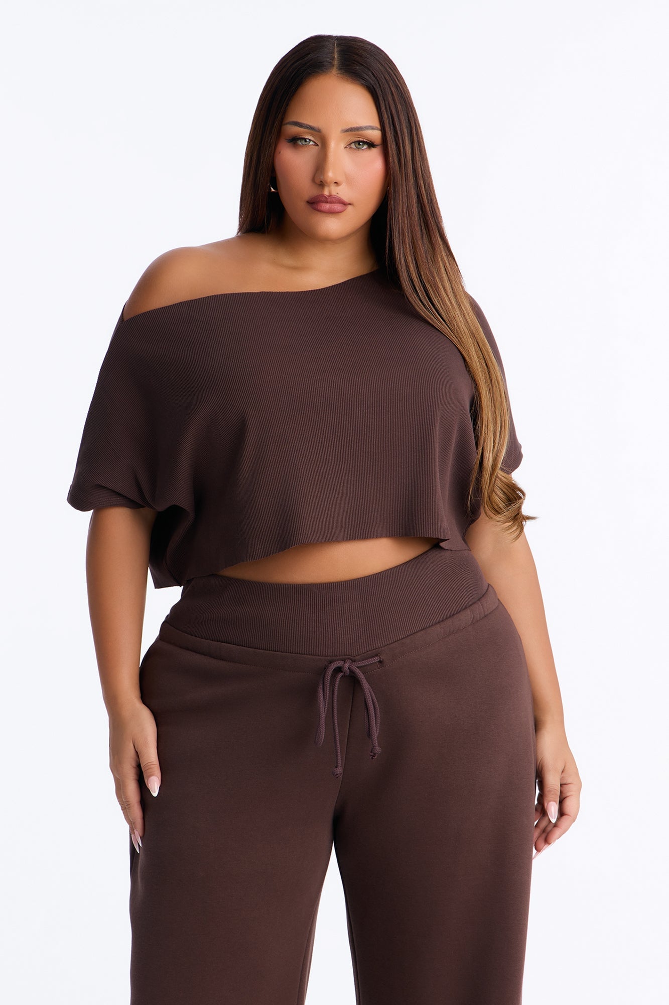 Mila Off Shoulder Top And Sweatpant Set - Chocolate image 2