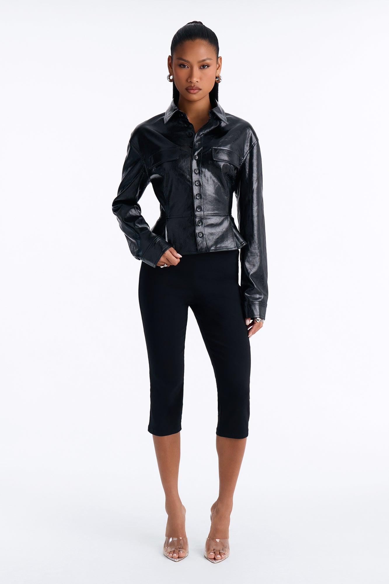 Sara Fitted Faux Leather Shacket - Black image 2