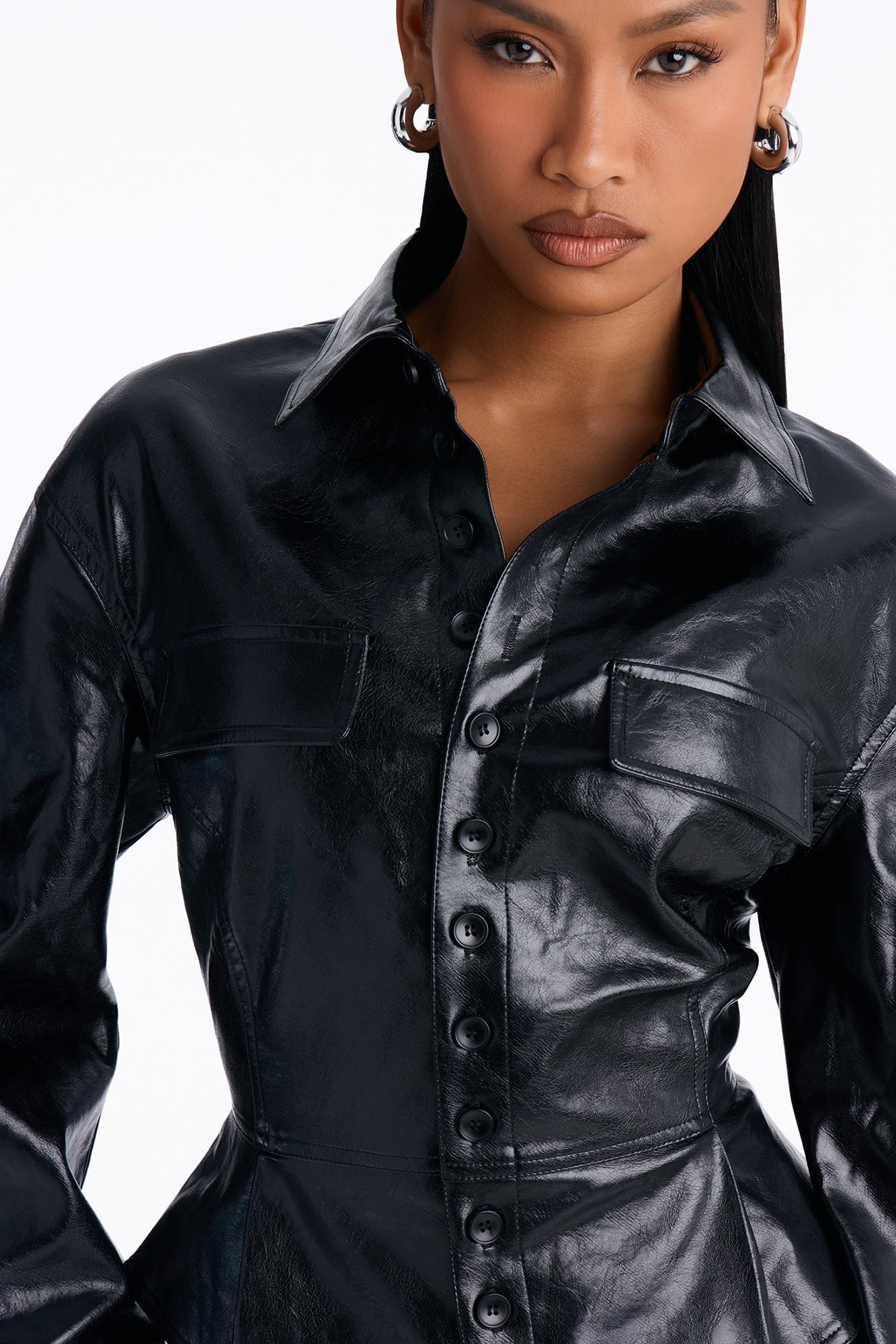 Sara Fitted Faux Leather Shacket - Black image 4