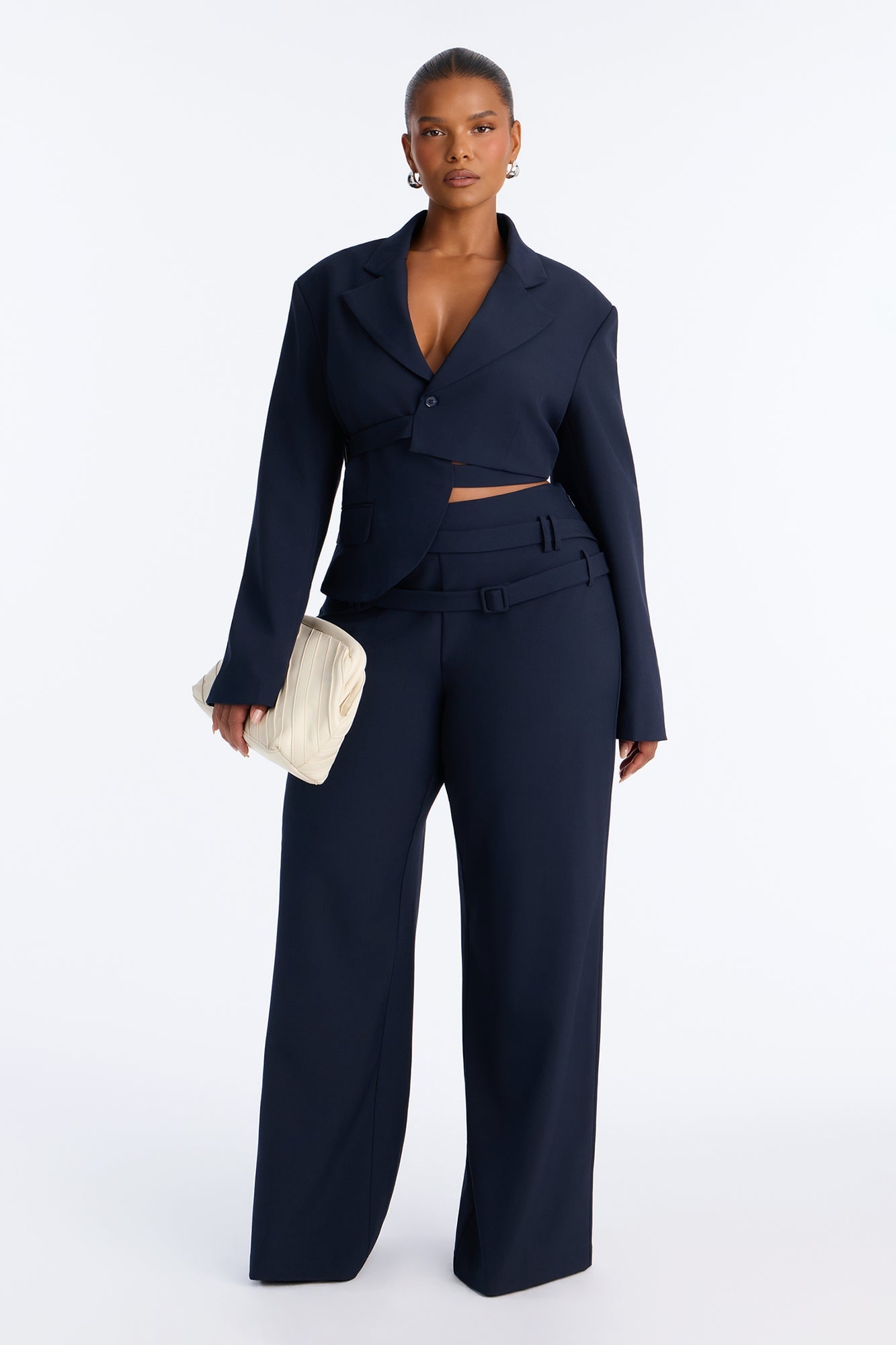 Roxie Asymmetrical Cropped Belted Waist Blazer - Navy image 2