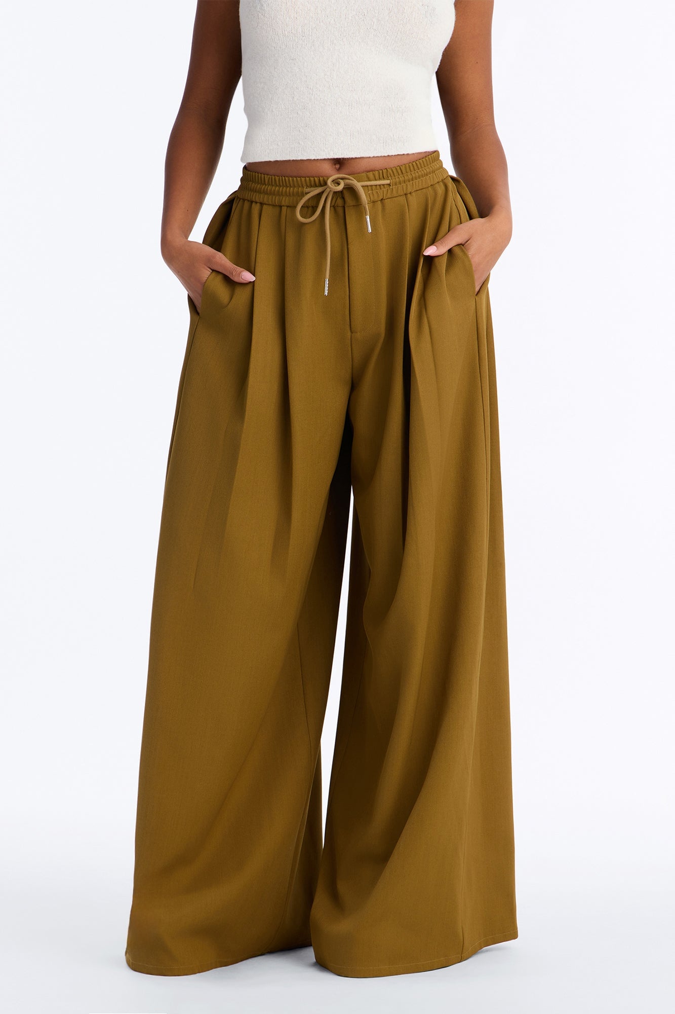 Heidi High Rise Wide Leg Pleated Drawstring Trouser - Olive image 6