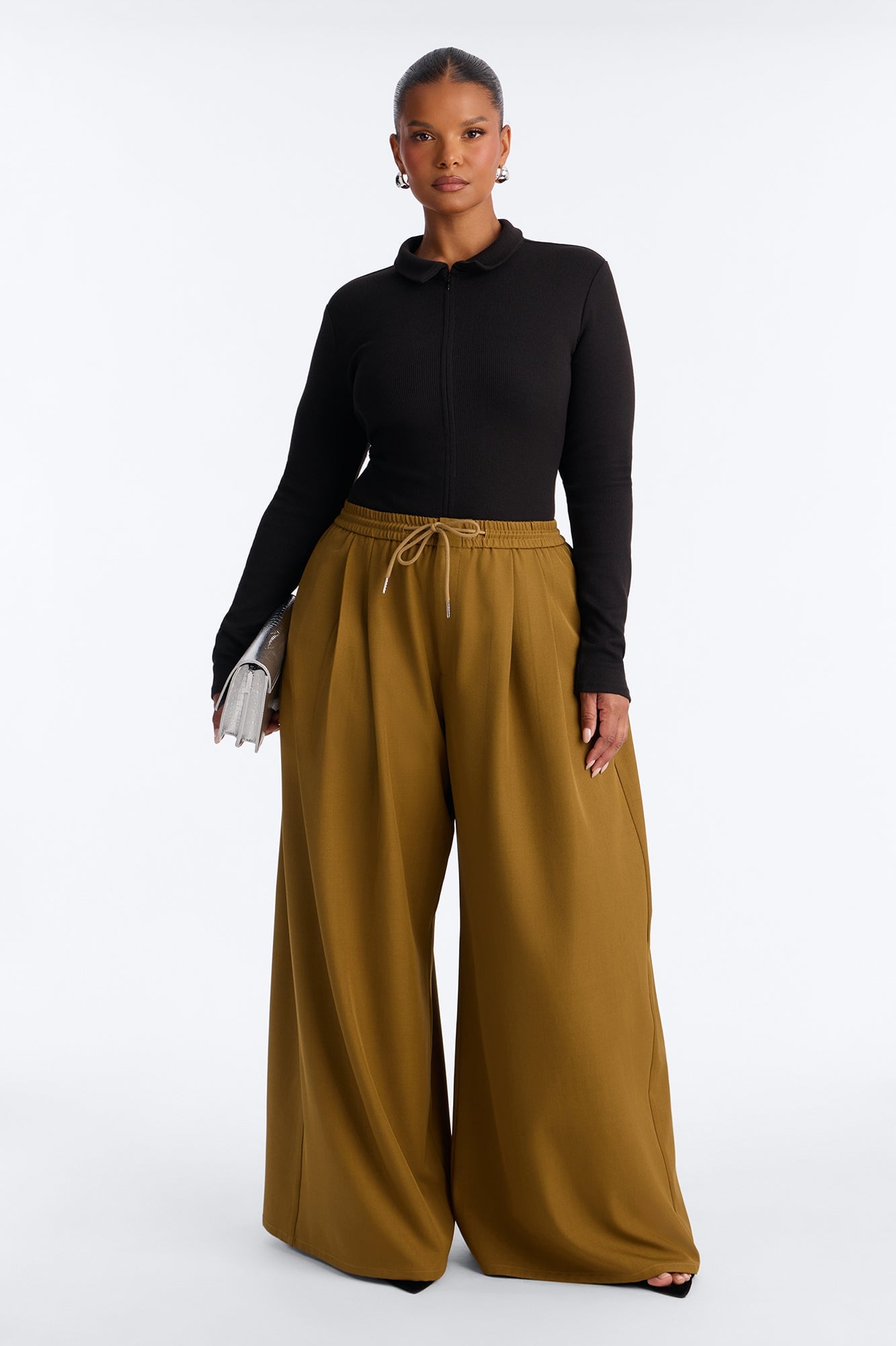 Heidi High Rise Wide Leg Pleated Drawstring Trouser - Olive image 1
