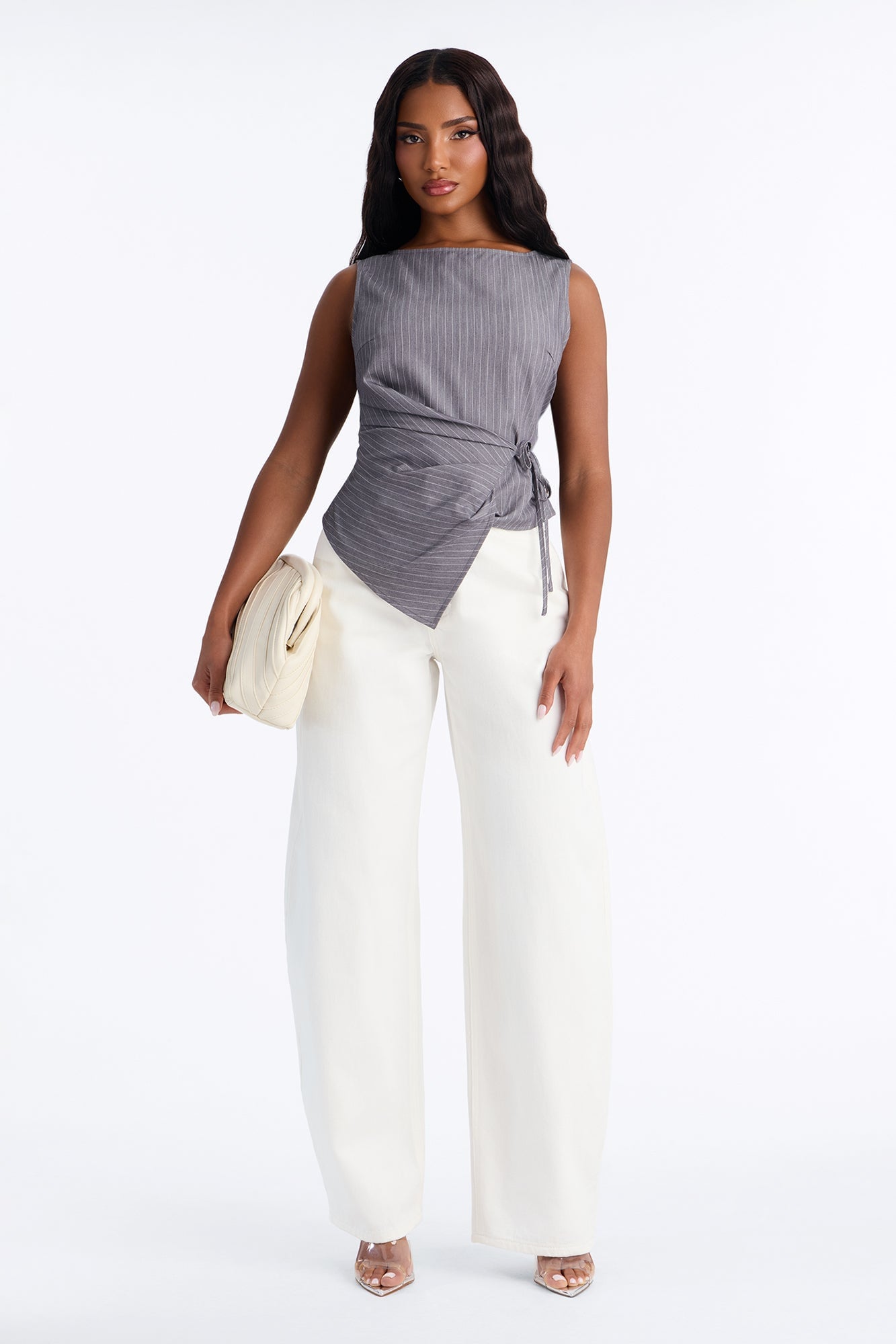 Harper Tie Waist Pinstripe Blouse - Charcoal/combo image 6