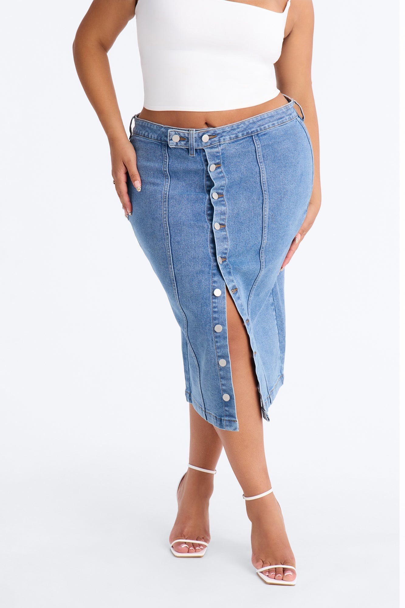 Right On The Line Denim Midi Skirt - Medium Wash image 2