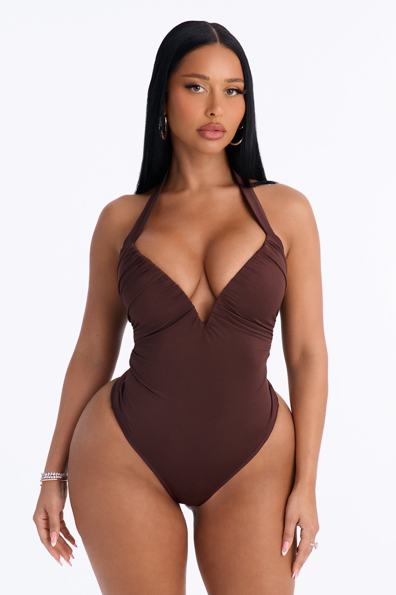 Date Night V-Wire Ruched Halter Bodysuit - Chocolate image 5